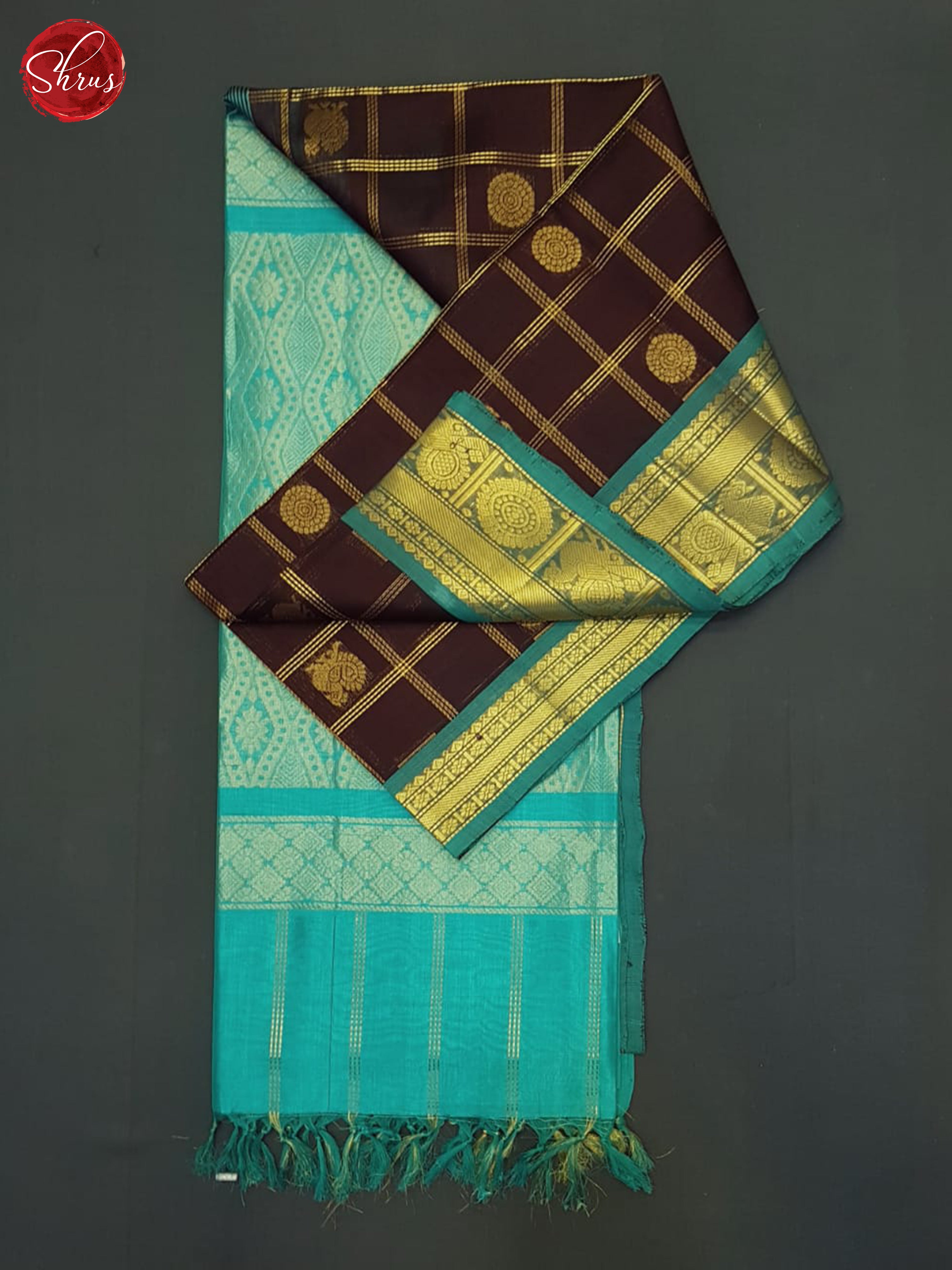 Brown And Blue- Silk Cotton Saree - Shop on ShrusEternity.com