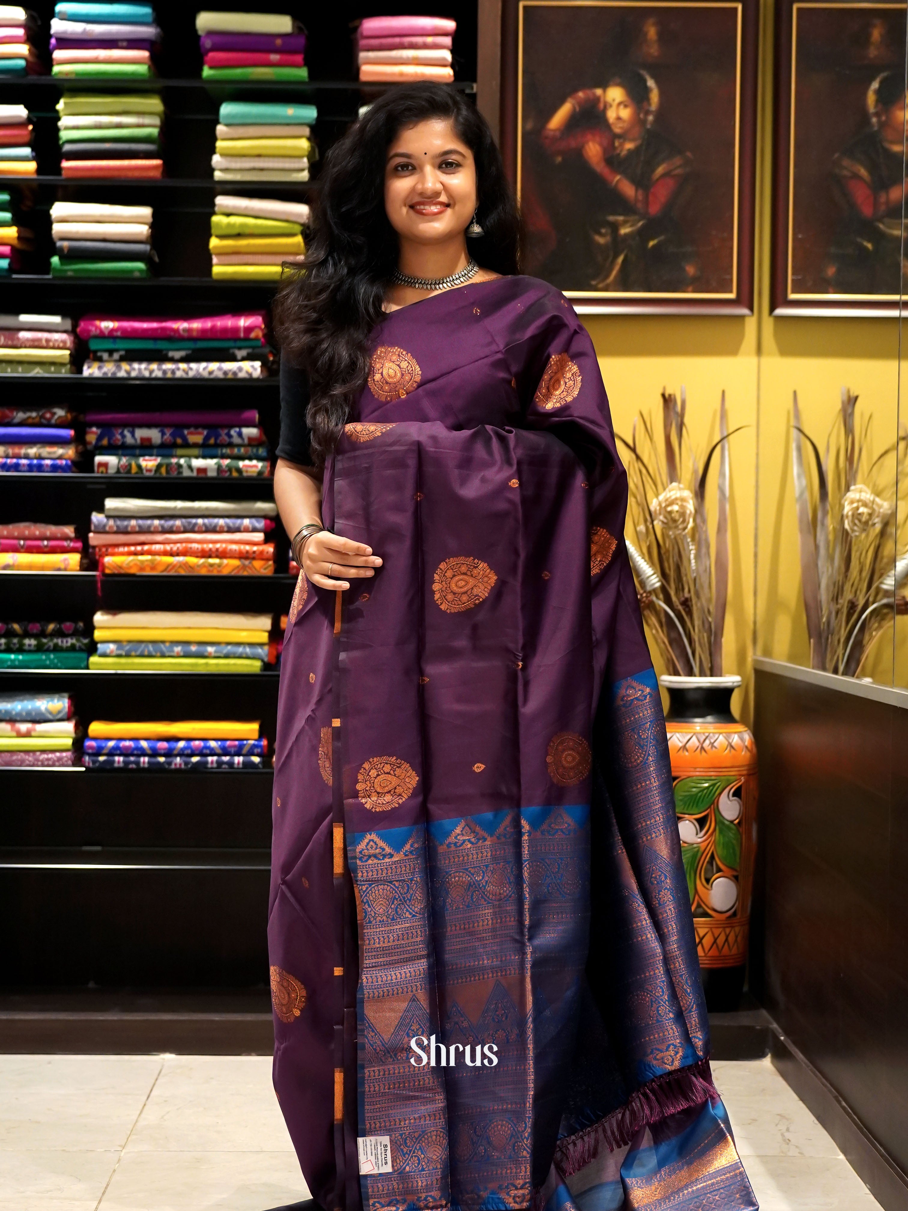 Purple & Blue-  Semi Soft silk Saree