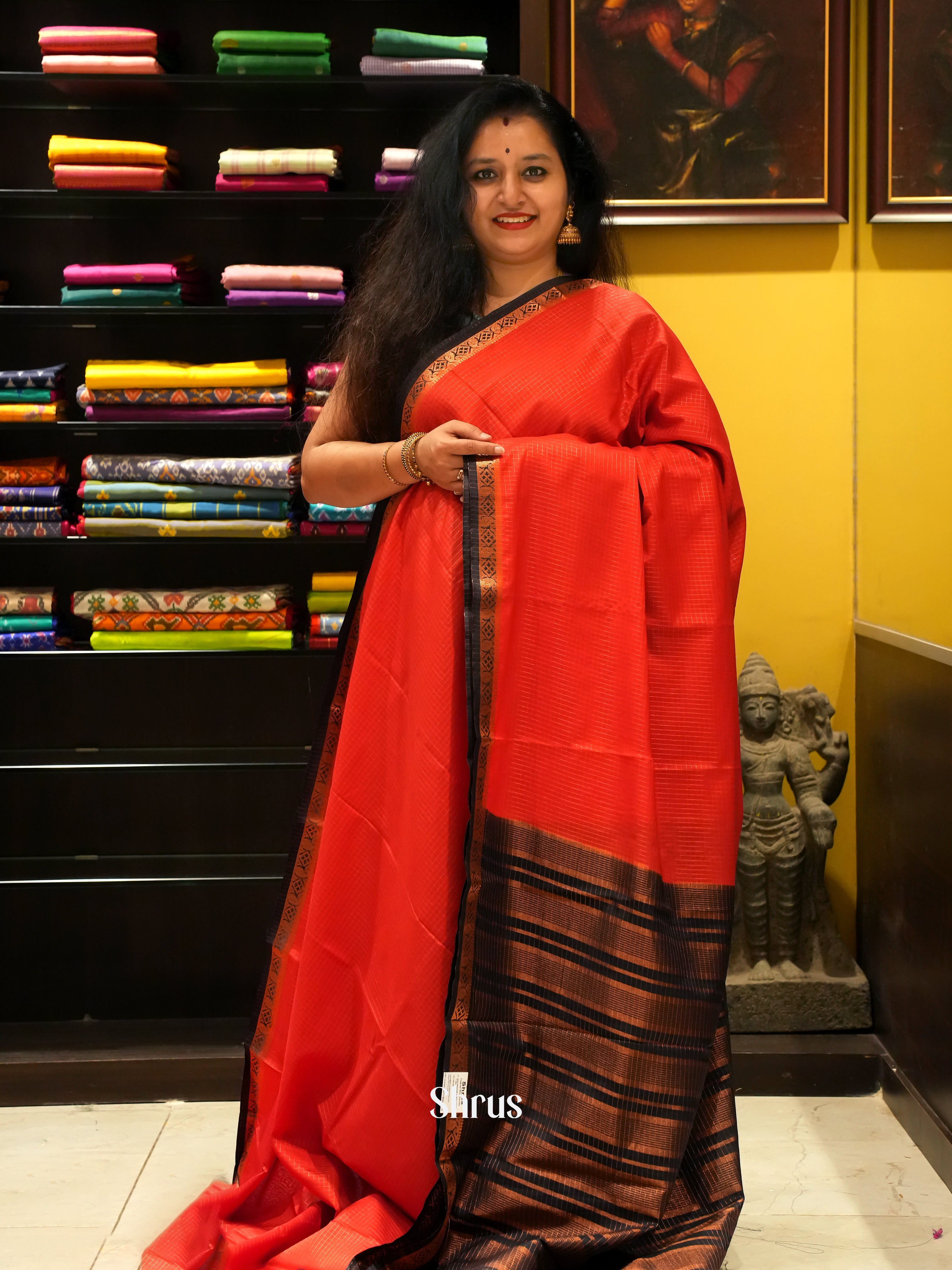 Red & Black - Semi Mysoresilk Saree