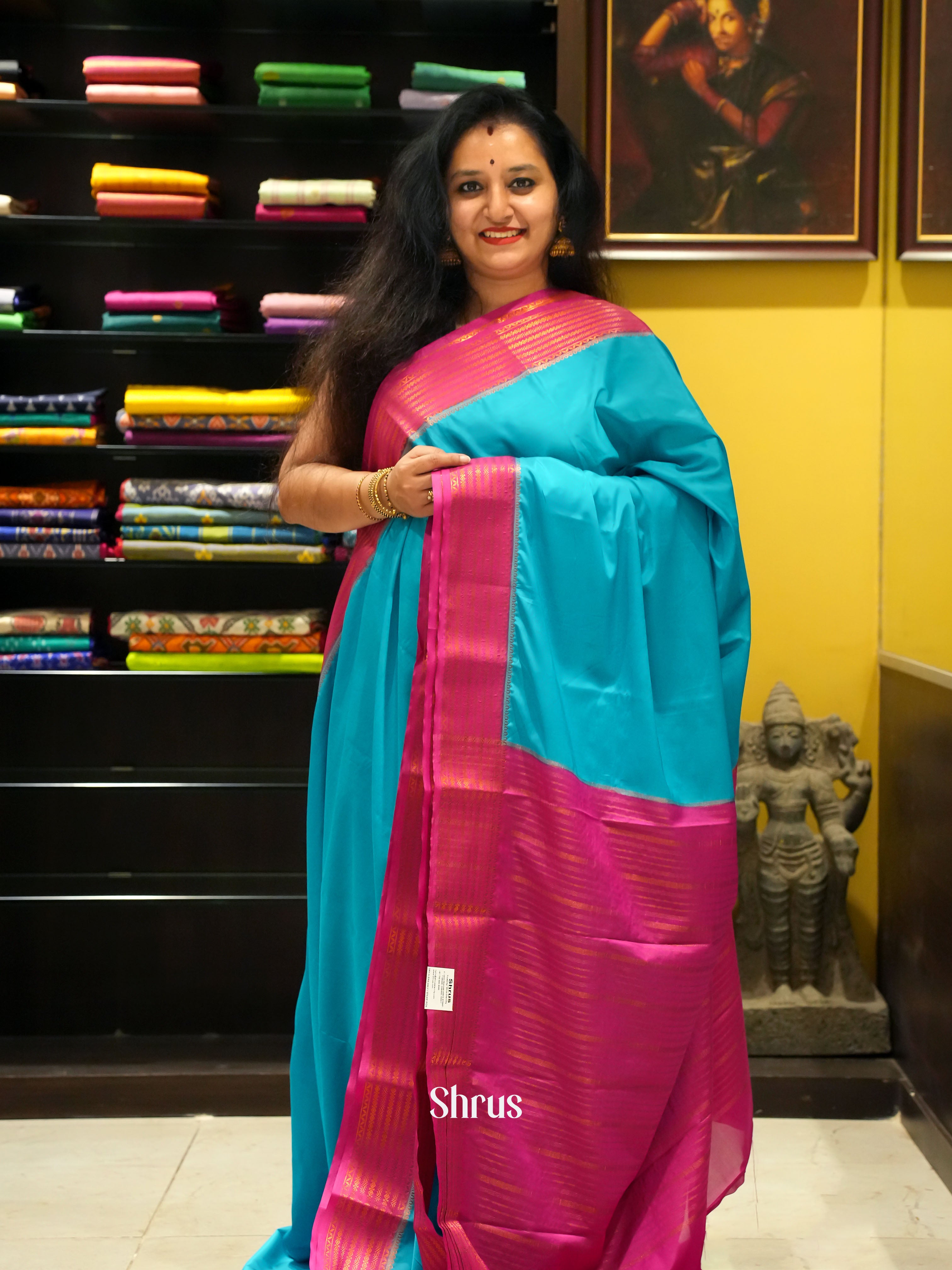 Blue & Pink - Semi Mysore Silk Saree