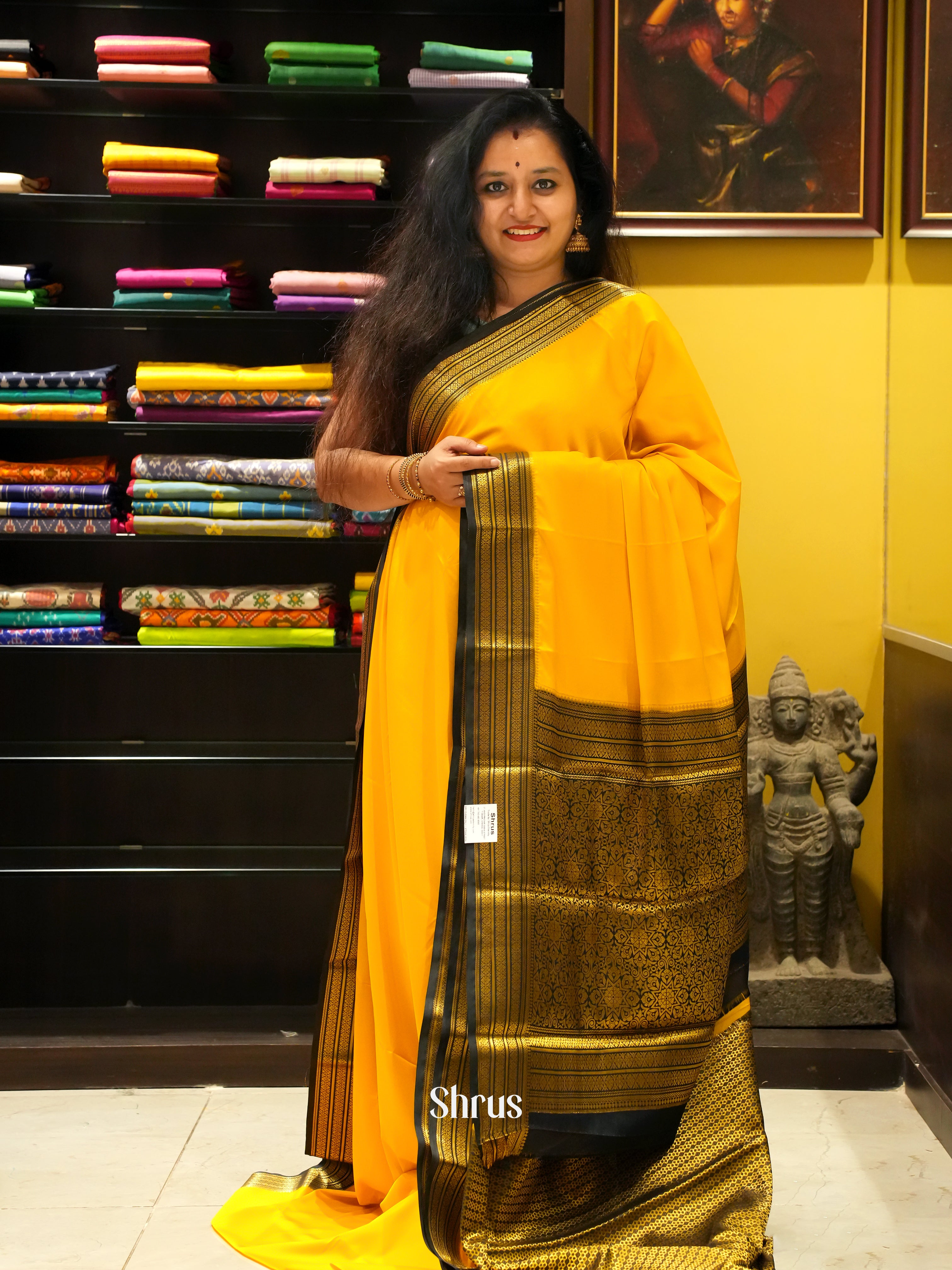 Yellow & Black - Semi Mysoresilk Saree