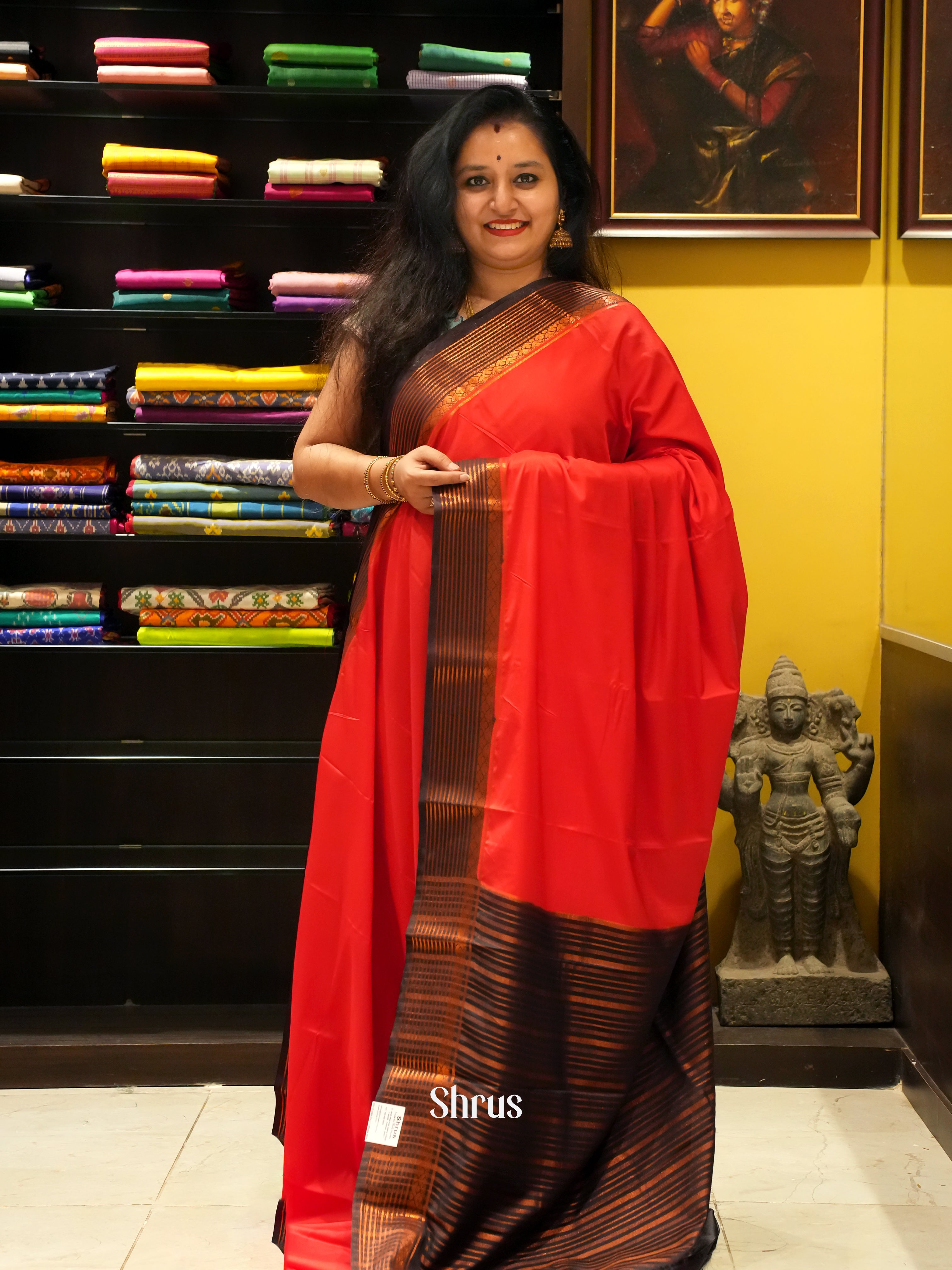 Red & Black - Semi Mysoresilk Saree