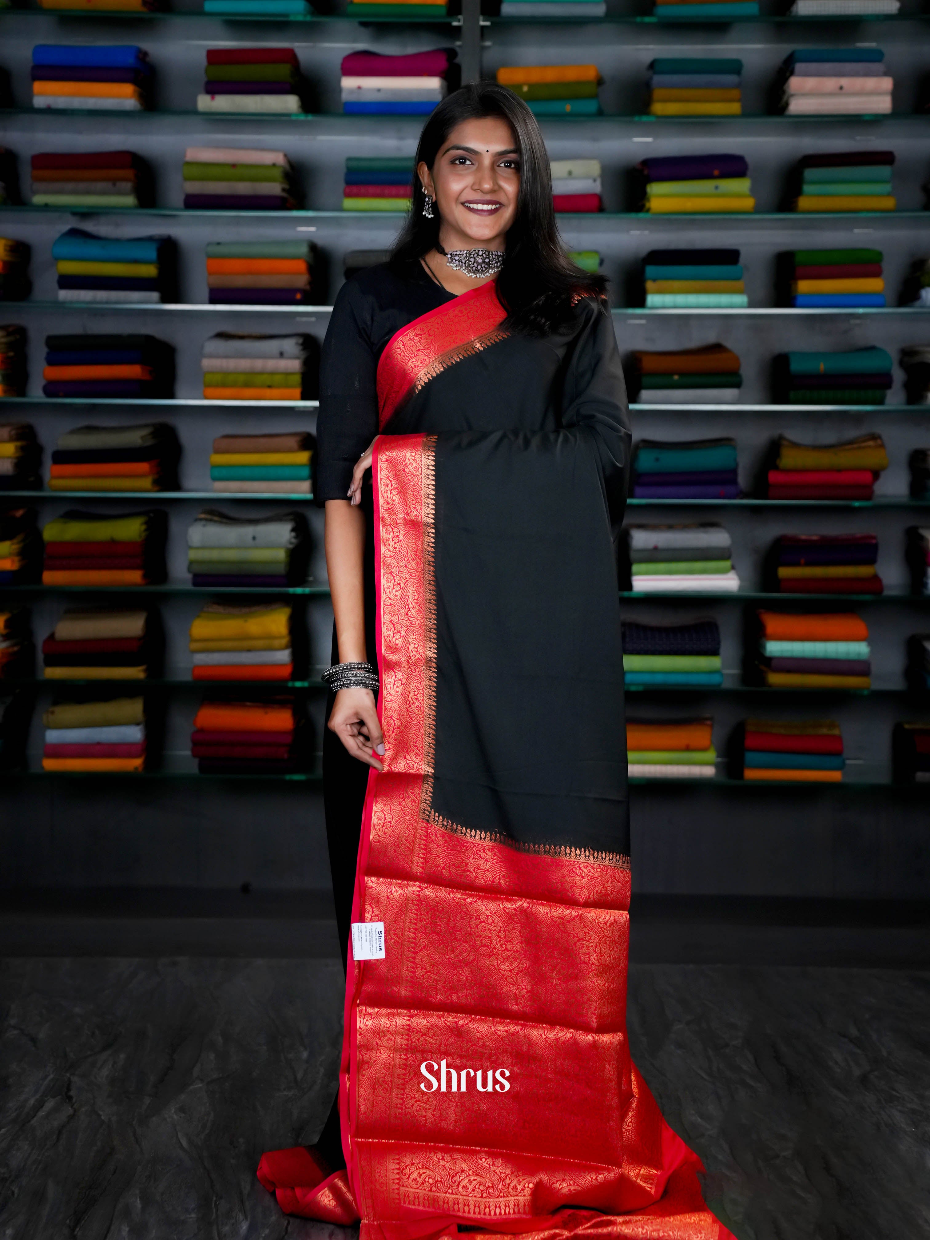 Black & Red - Semi Mysoresilk Saree