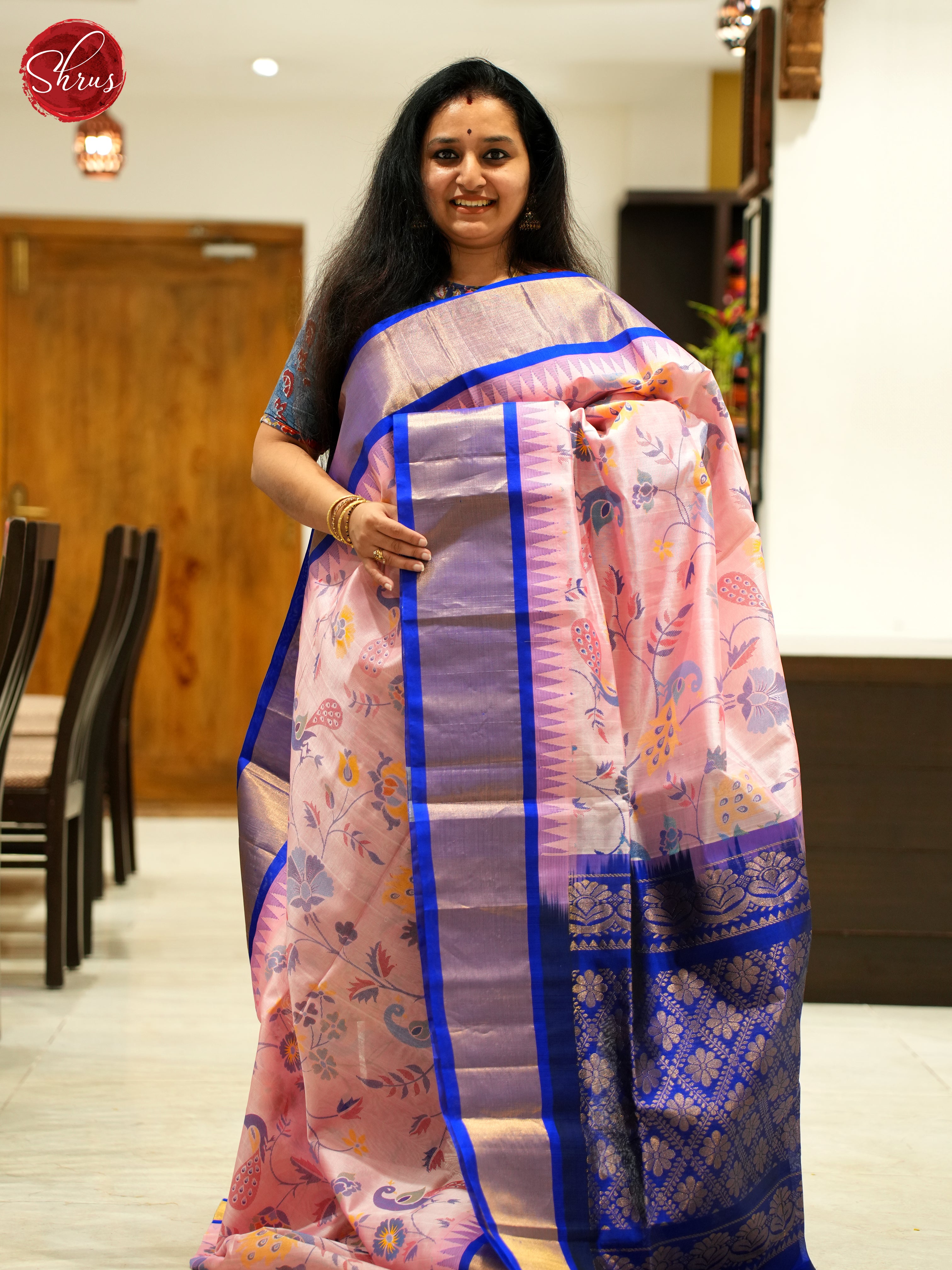 Pink And Blue- Silk Cotton saree - Shop on ShrusEternity.com