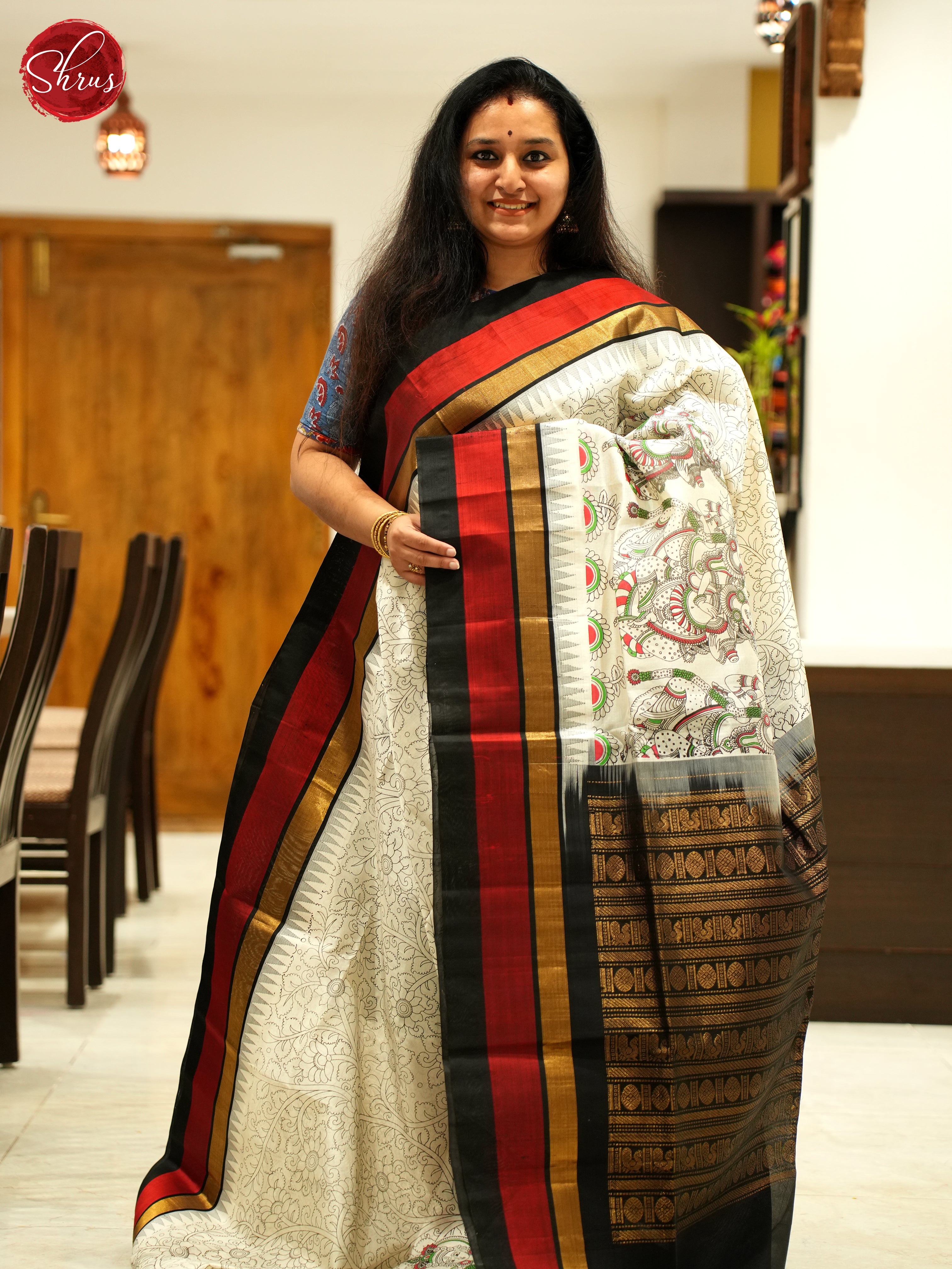 Cream And Black- Silk Cotton Saree - Shop on ShrusEternity.com