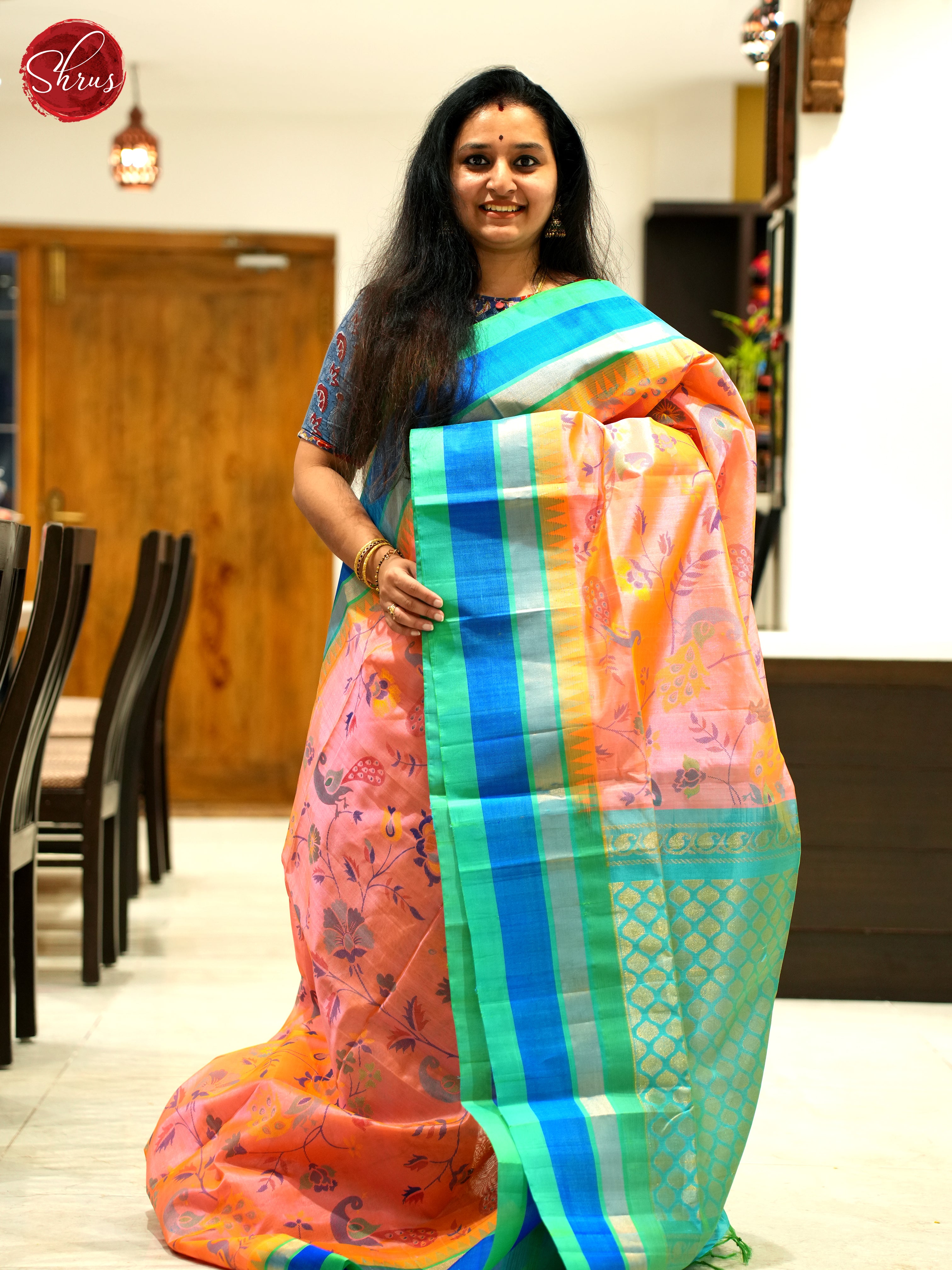 Pink And Blue - Silk Cotton saree - Shop on ShrusEternity.com