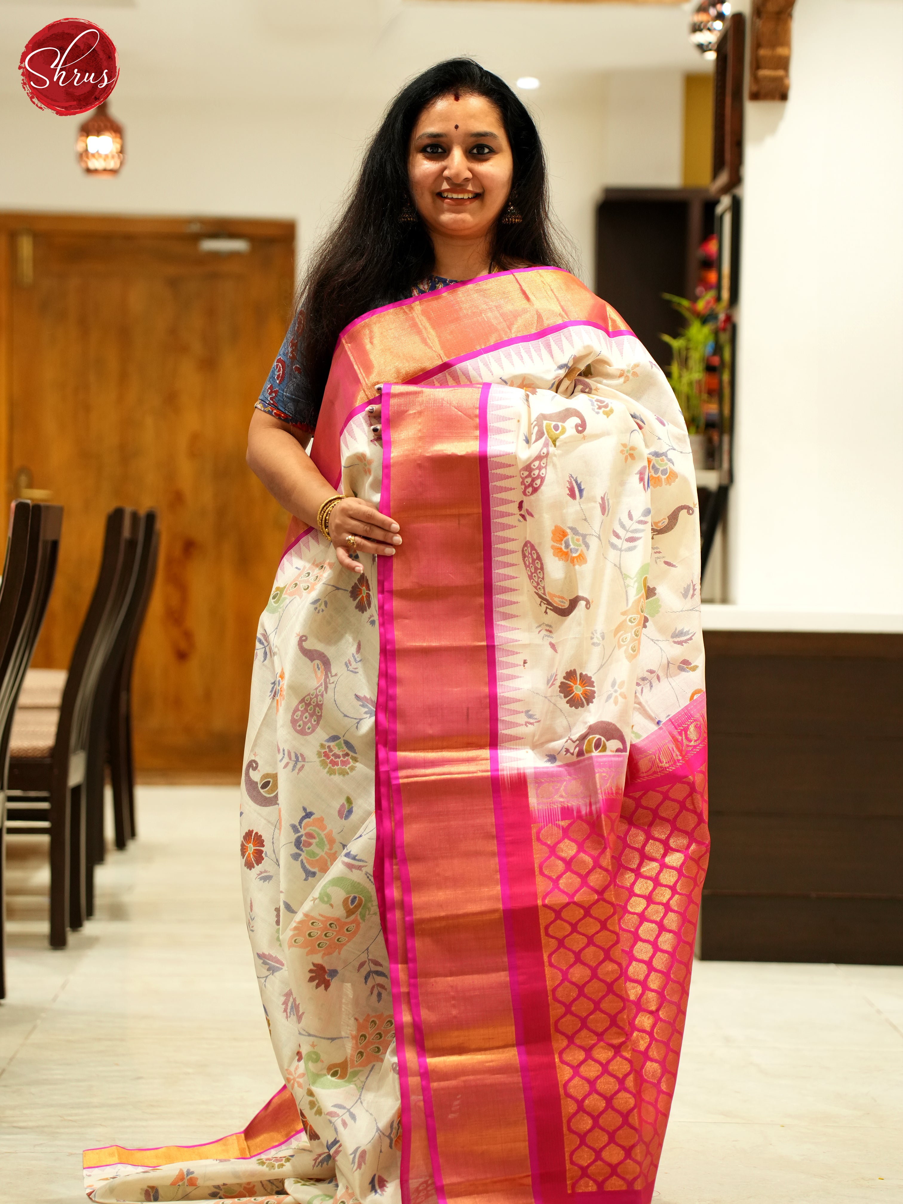 Cream And Pink- Silk Cotton Saree - Shop on ShrusEternity.com