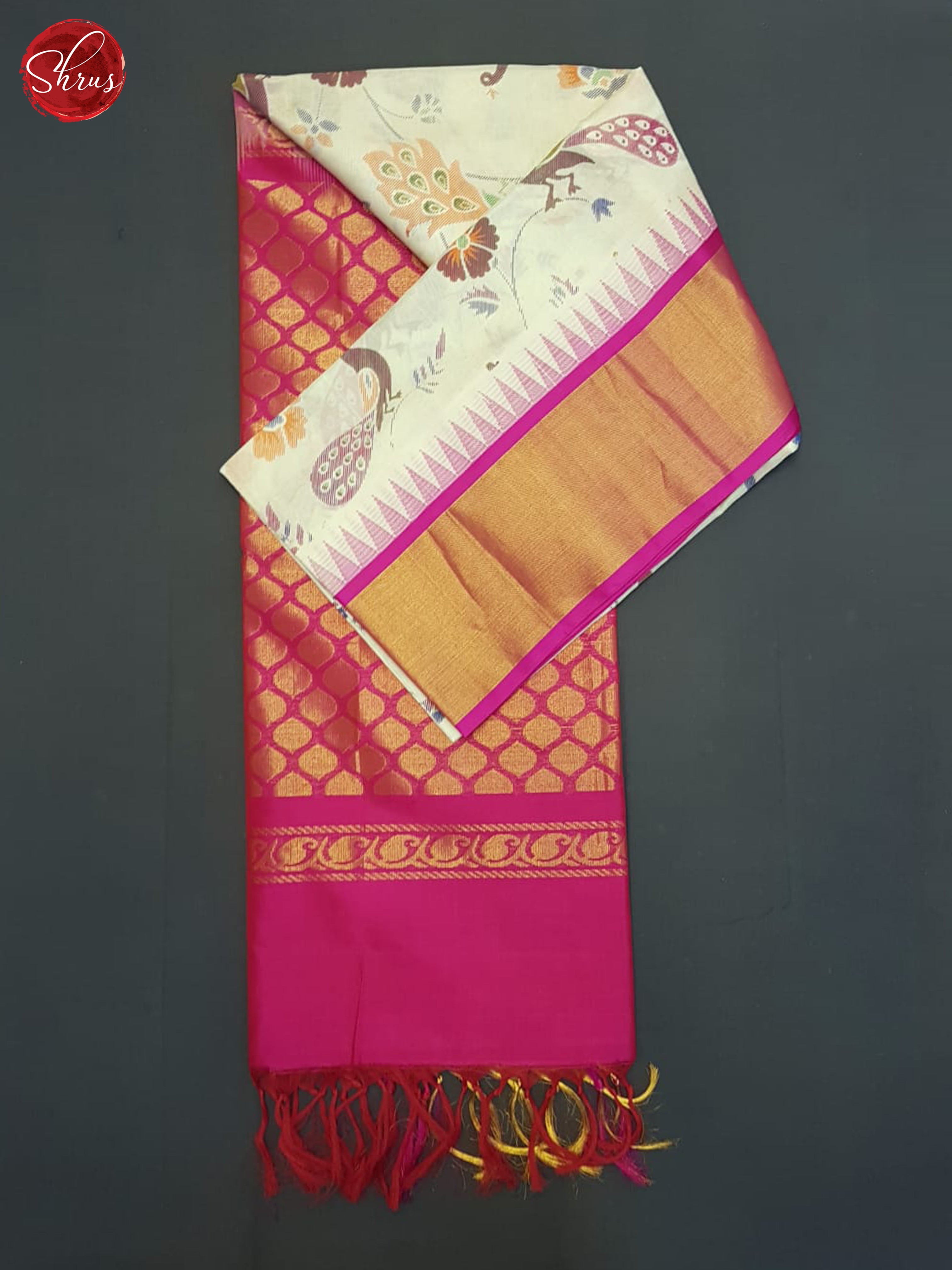 Cream And Pink- Silk Cotton Saree - Shop on ShrusEternity.com