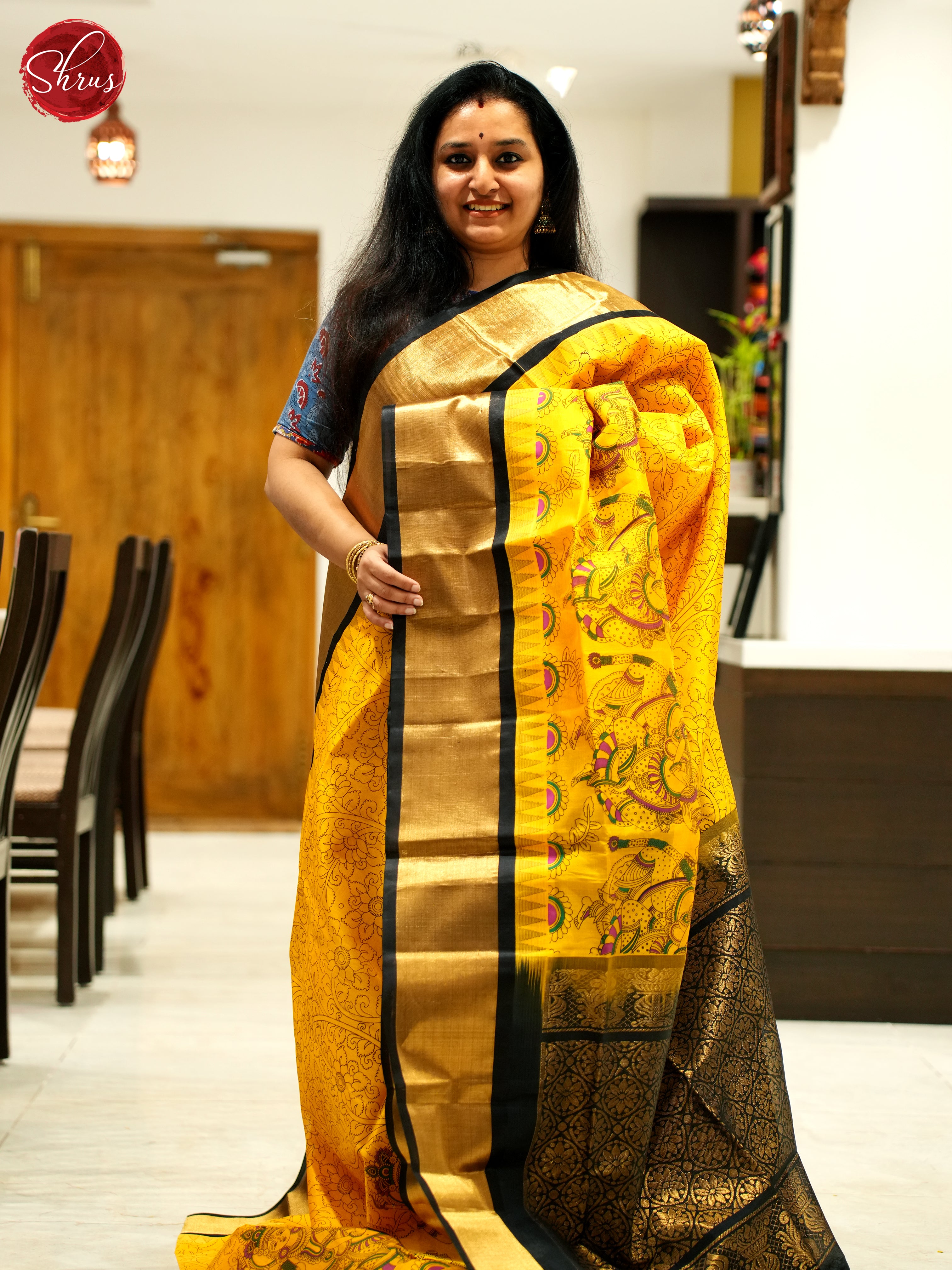 Yellow And Black- Silk Cotton Saree - Shop on ShrusEternity.com