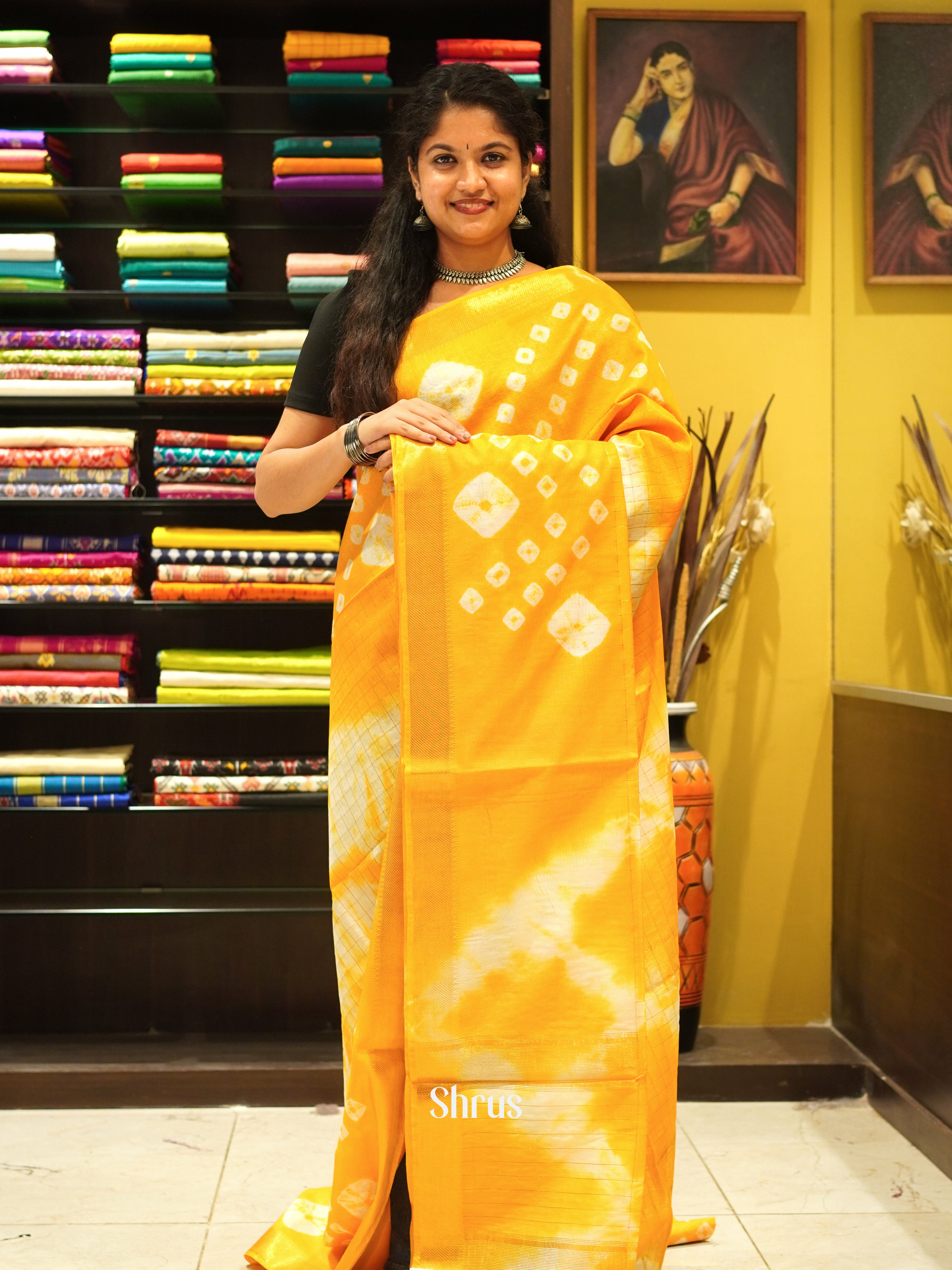 Mambazha Yellow & Cream  -  Shibori  Saree - Shop on ShrusEternity.com