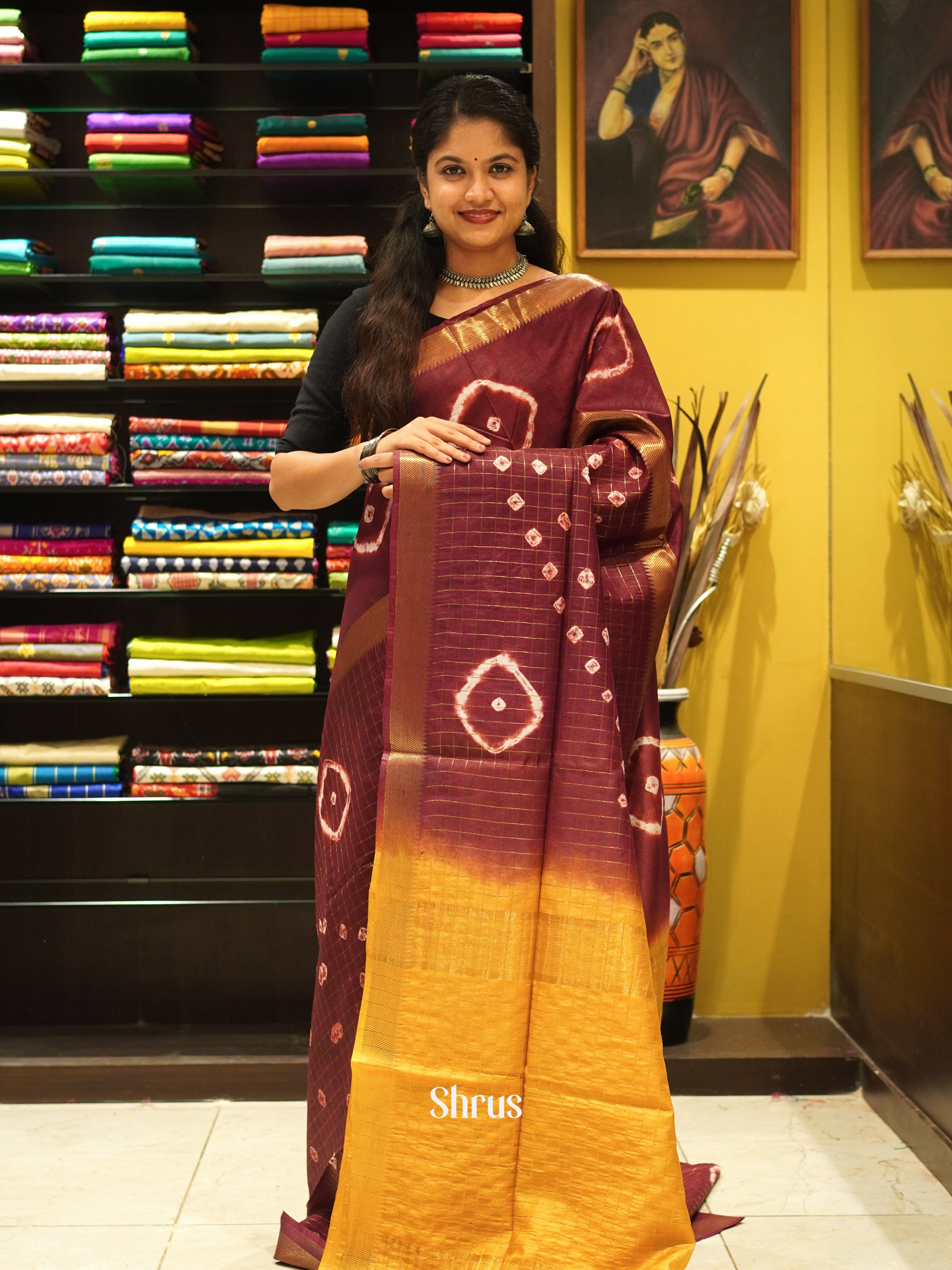 Brown & Yellow - Shibori Saree - Shop on ShrusEternity.com