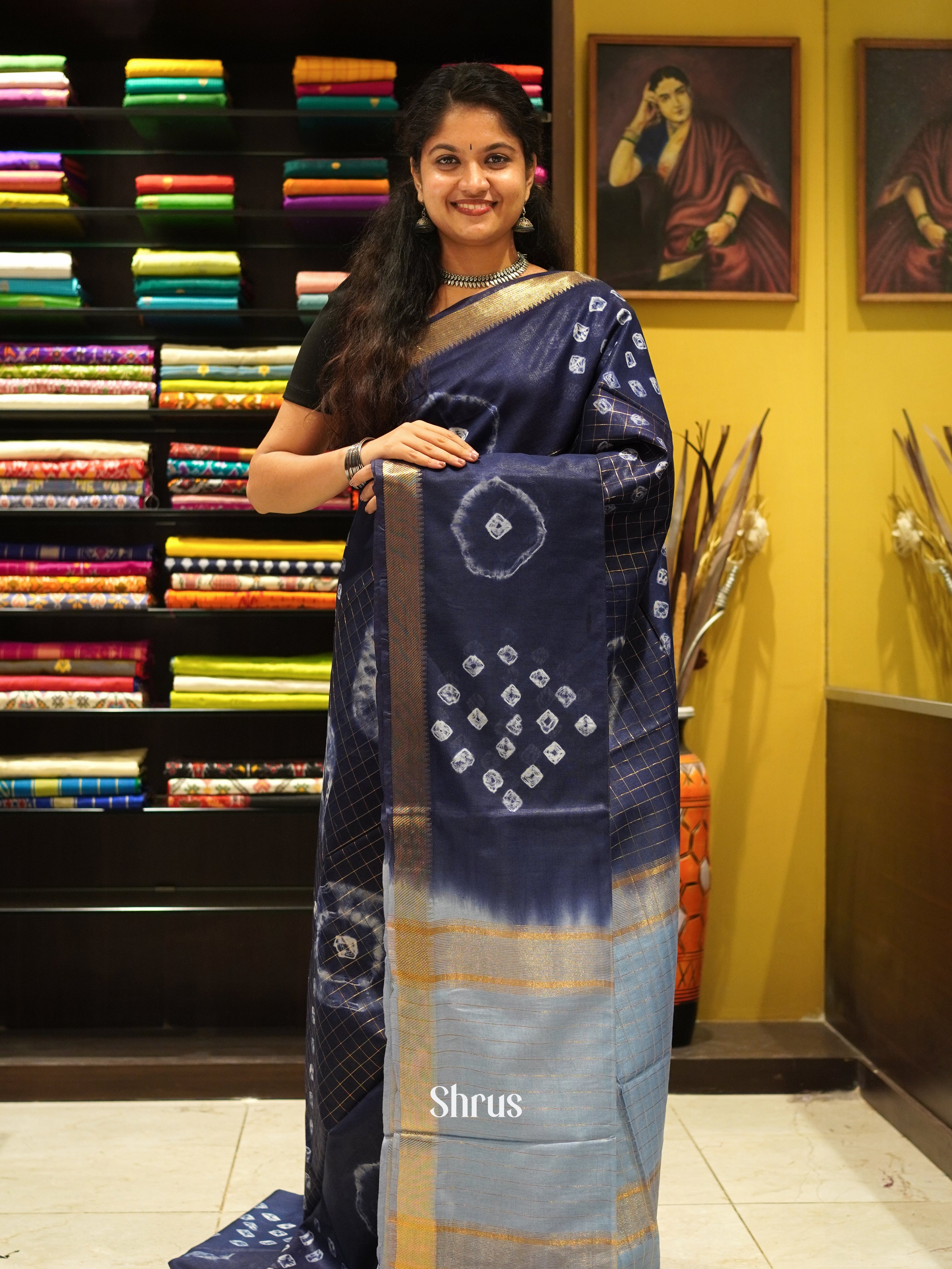 Dark Blue  & Light Blue - Shibori  Saree - Shop on ShrusEternity.com