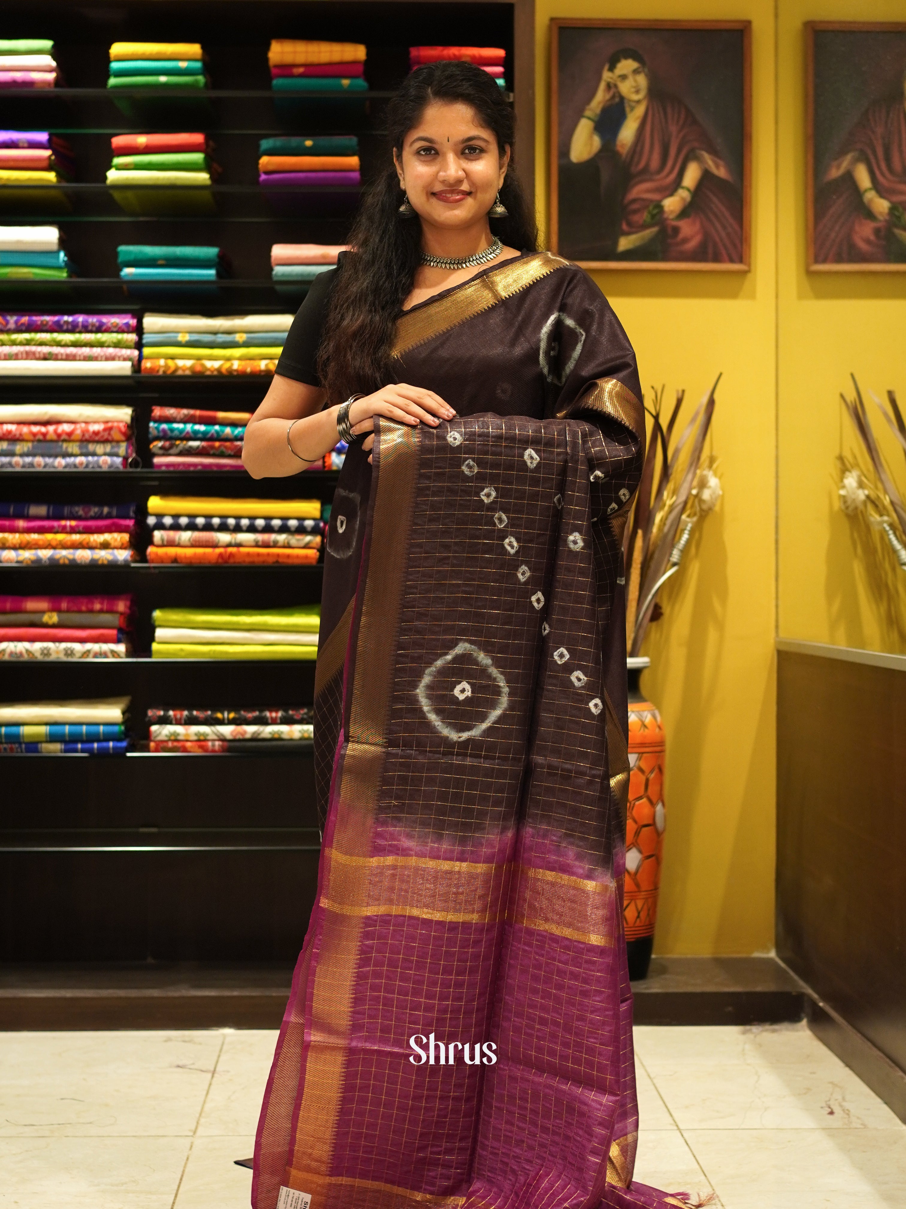 Brown & Wine  - Shibori  Saree - Shop on ShrusEternity.com