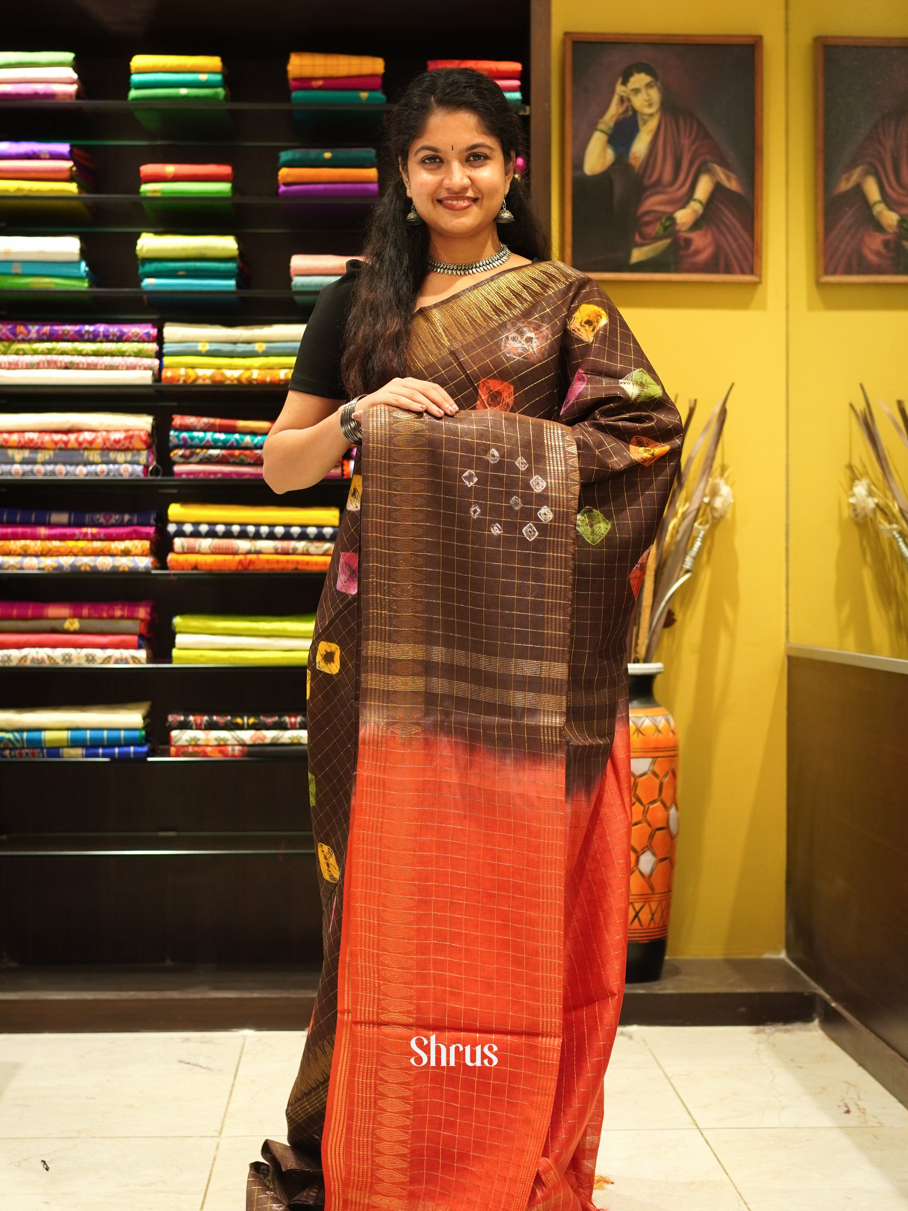 Brown & Brick Orange - Shibori  Saree - Shop on ShrusEternity.com