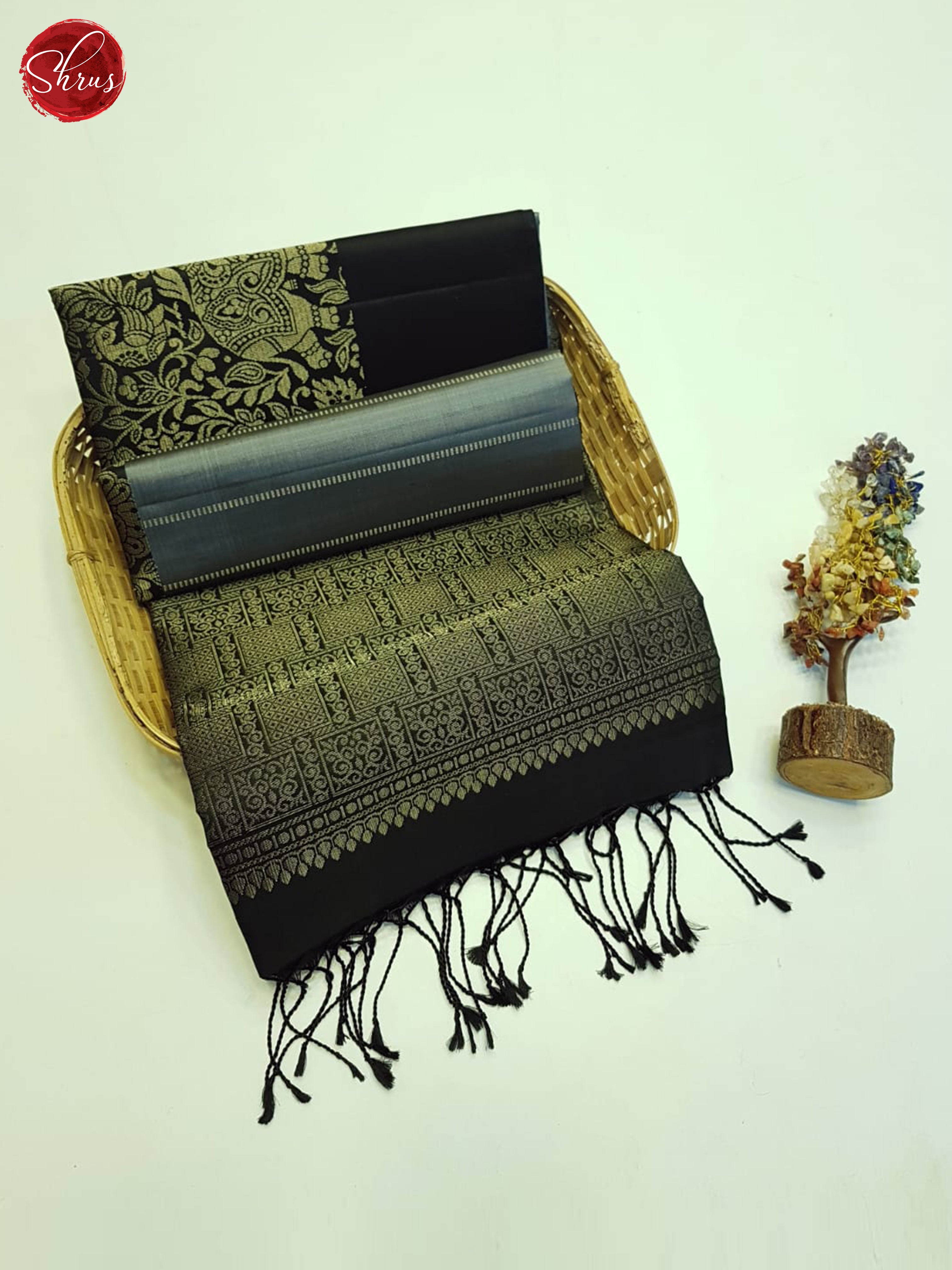 Grey & Black- Soft Silk Saree - Shop on ShrusEternity.com