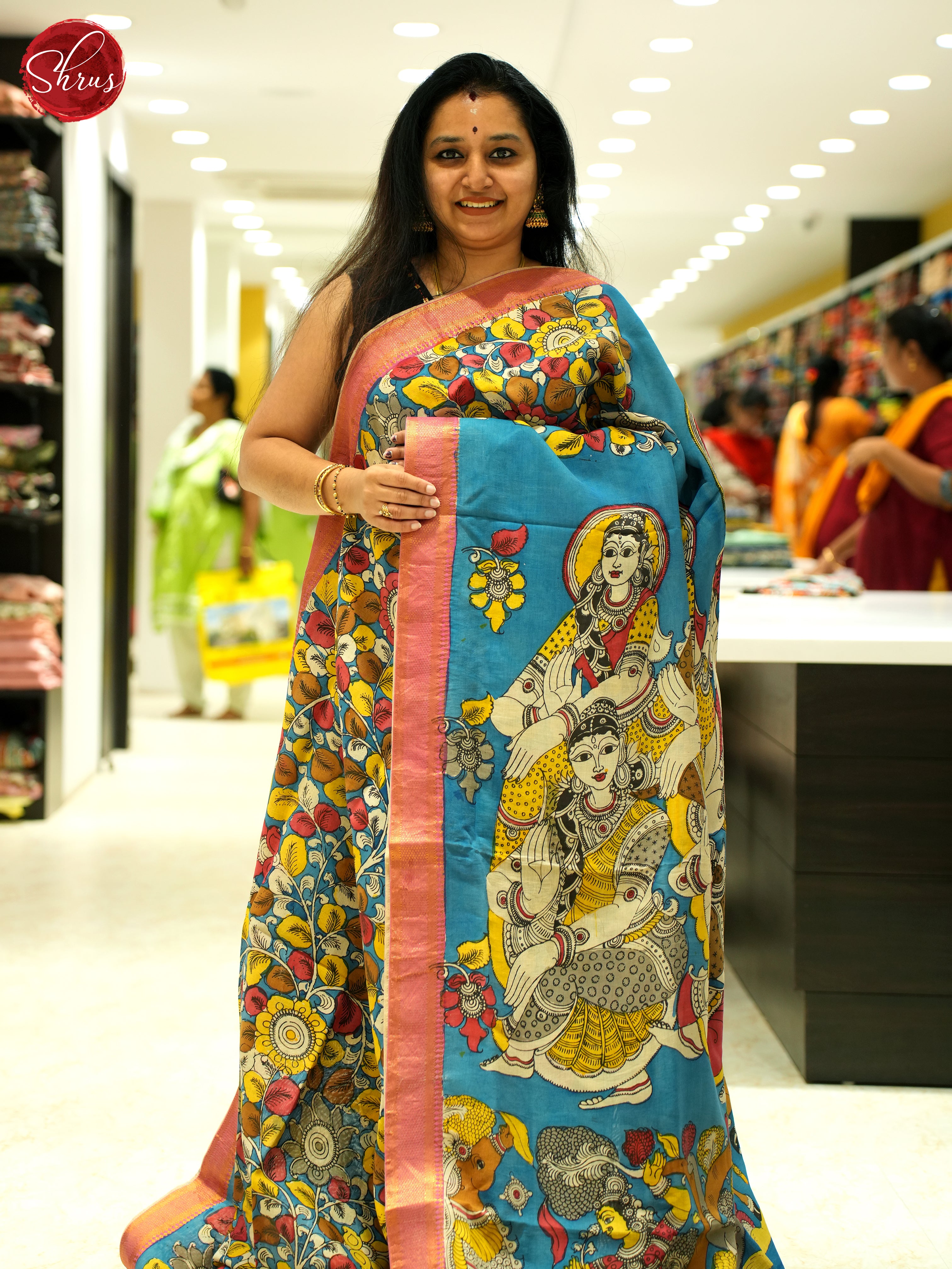 Blue & Pink - PenKalamkari Saree (Chinnur Silk) - Shop on ShrusEternity.com