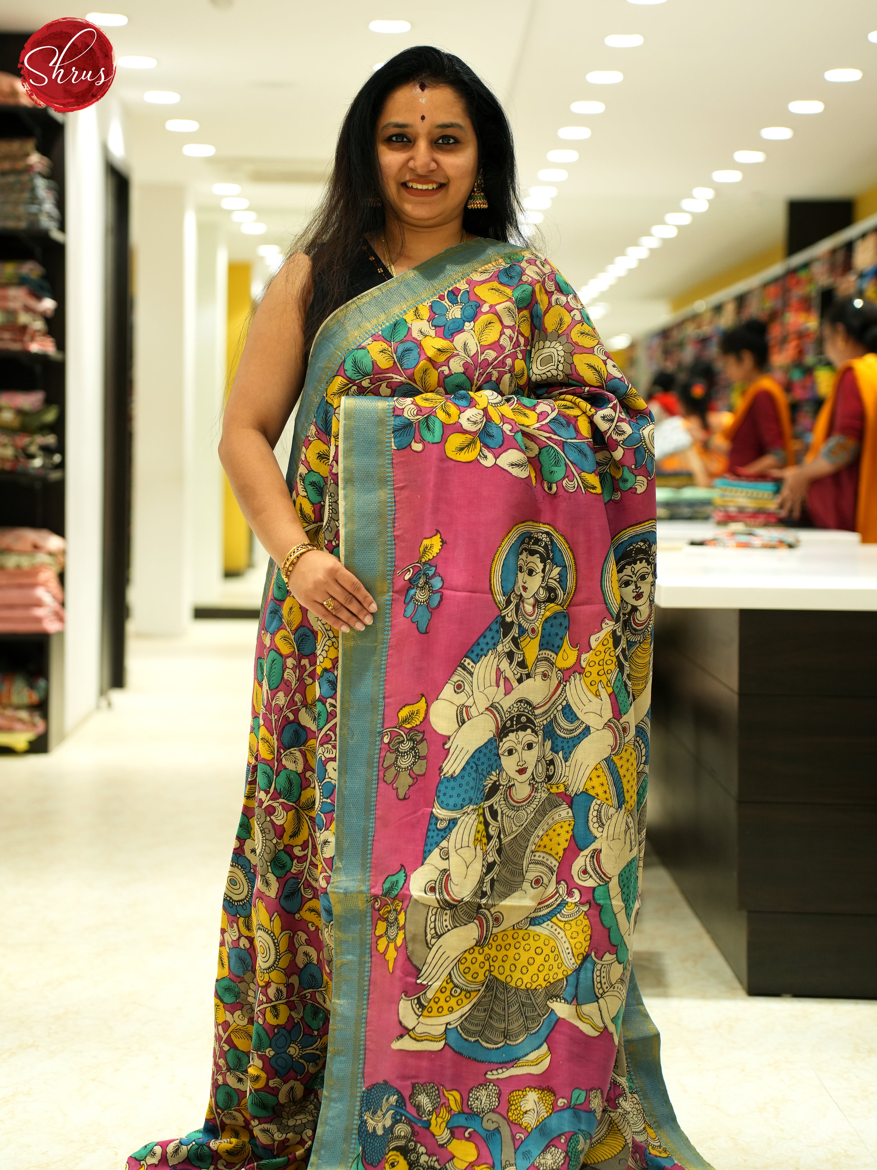 Pink & Green - PenKalamkari Saree (Chinnur Silk) - Shop on ShrusEternity.com