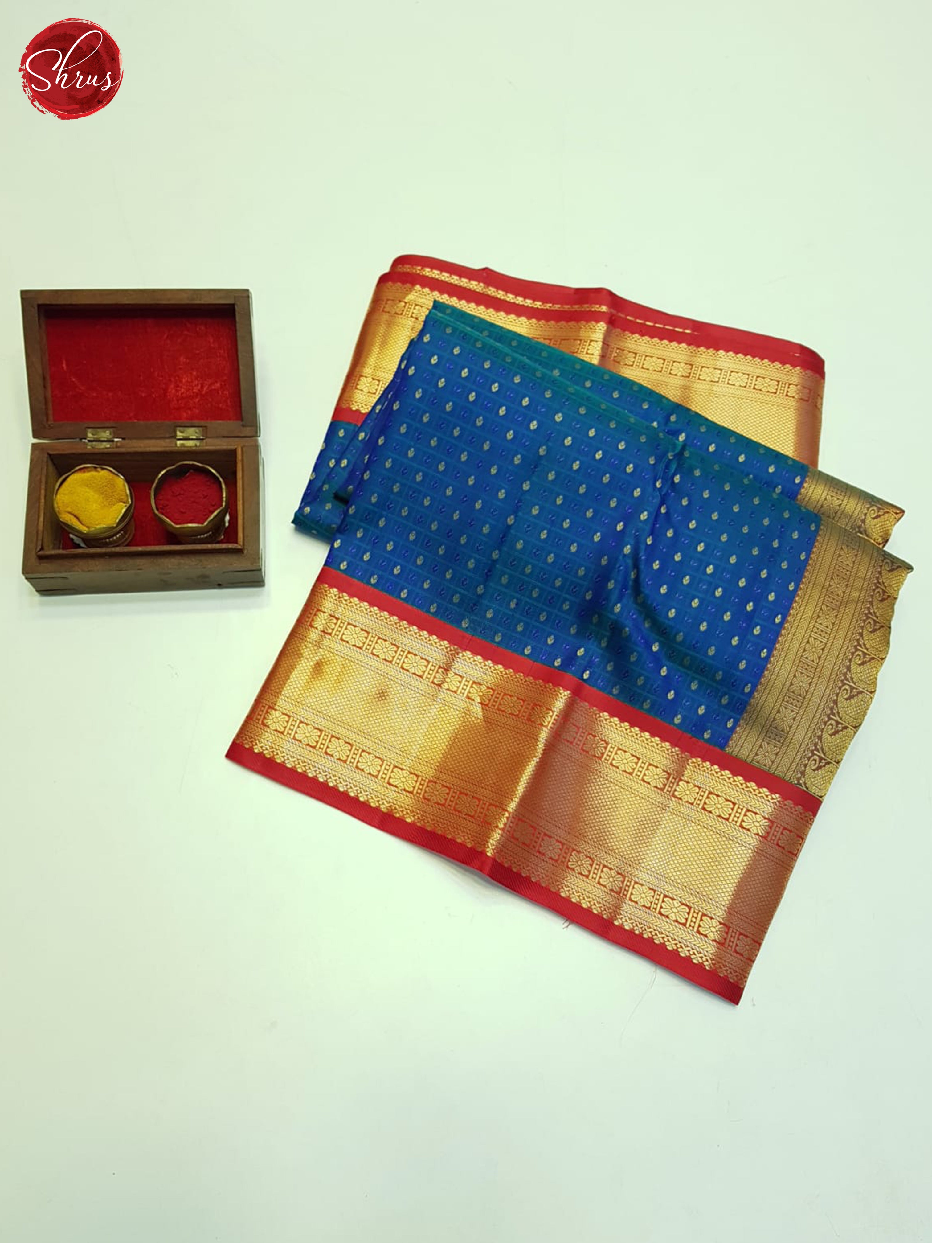 Peacock Blue & Red - Kanchipuram silk Saree - Shop on ShrusEternity.com