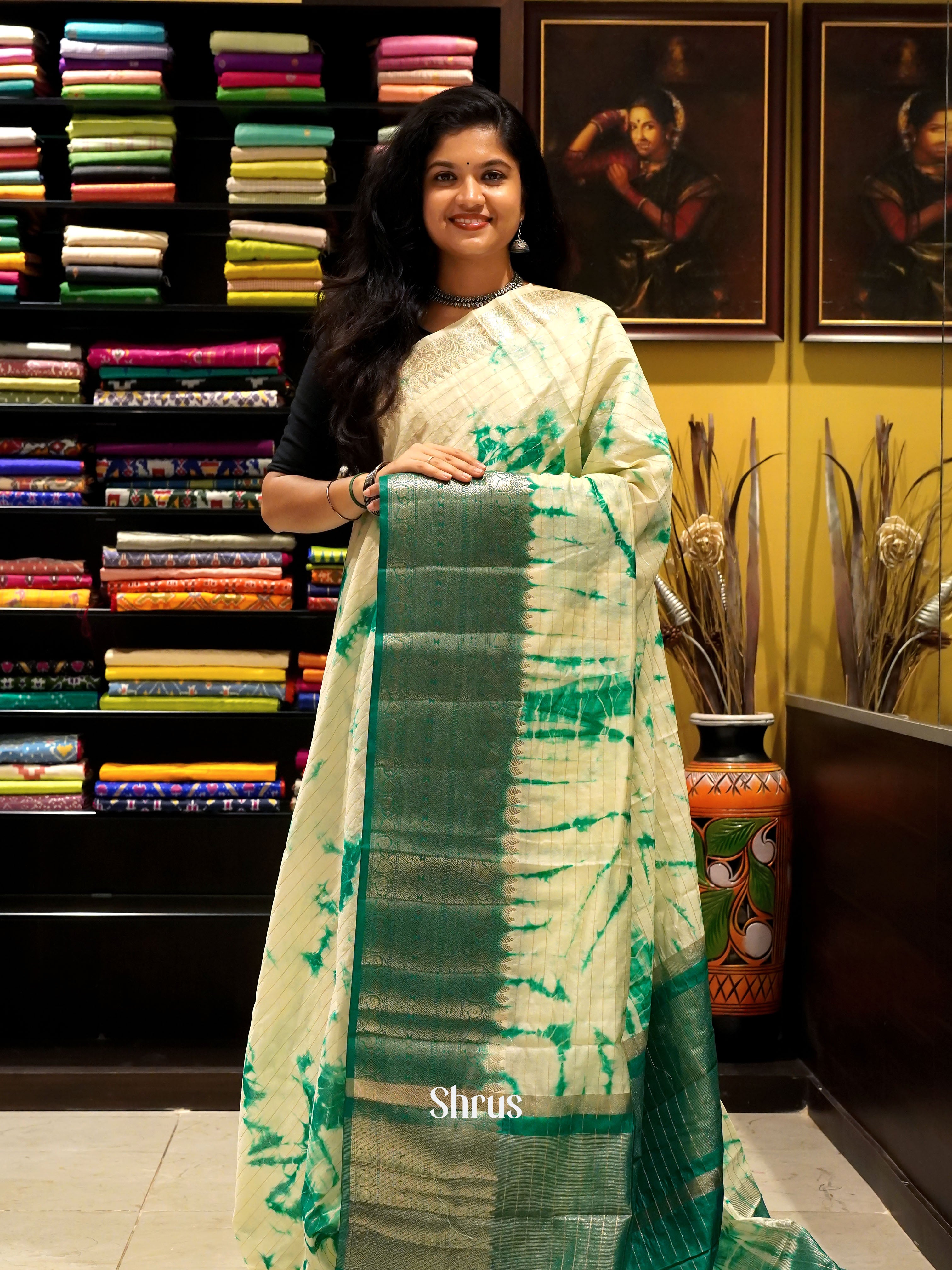 Cream & Green  - Semi Dupion Saree