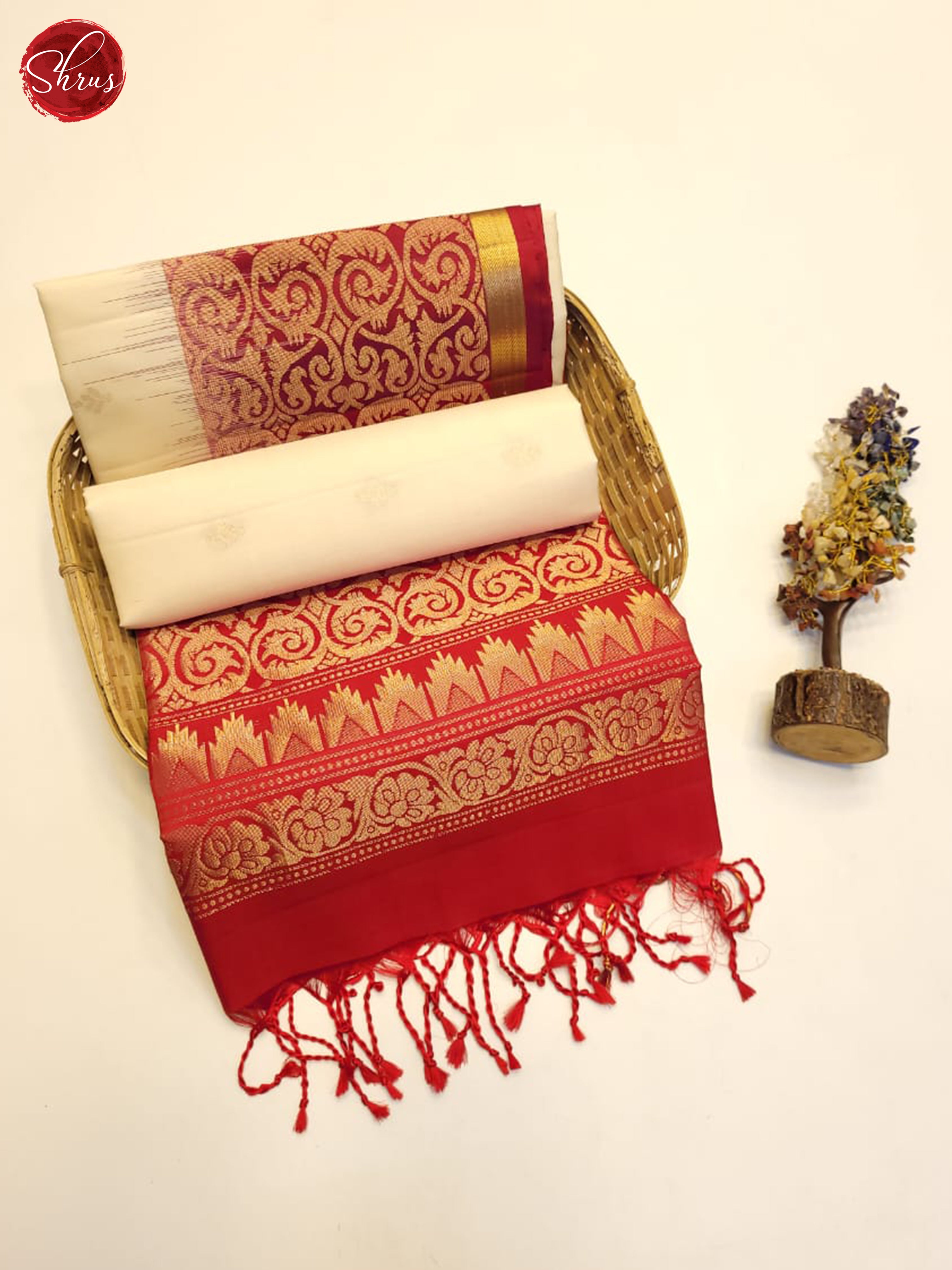 Cream And Red- Soft Silk Saree