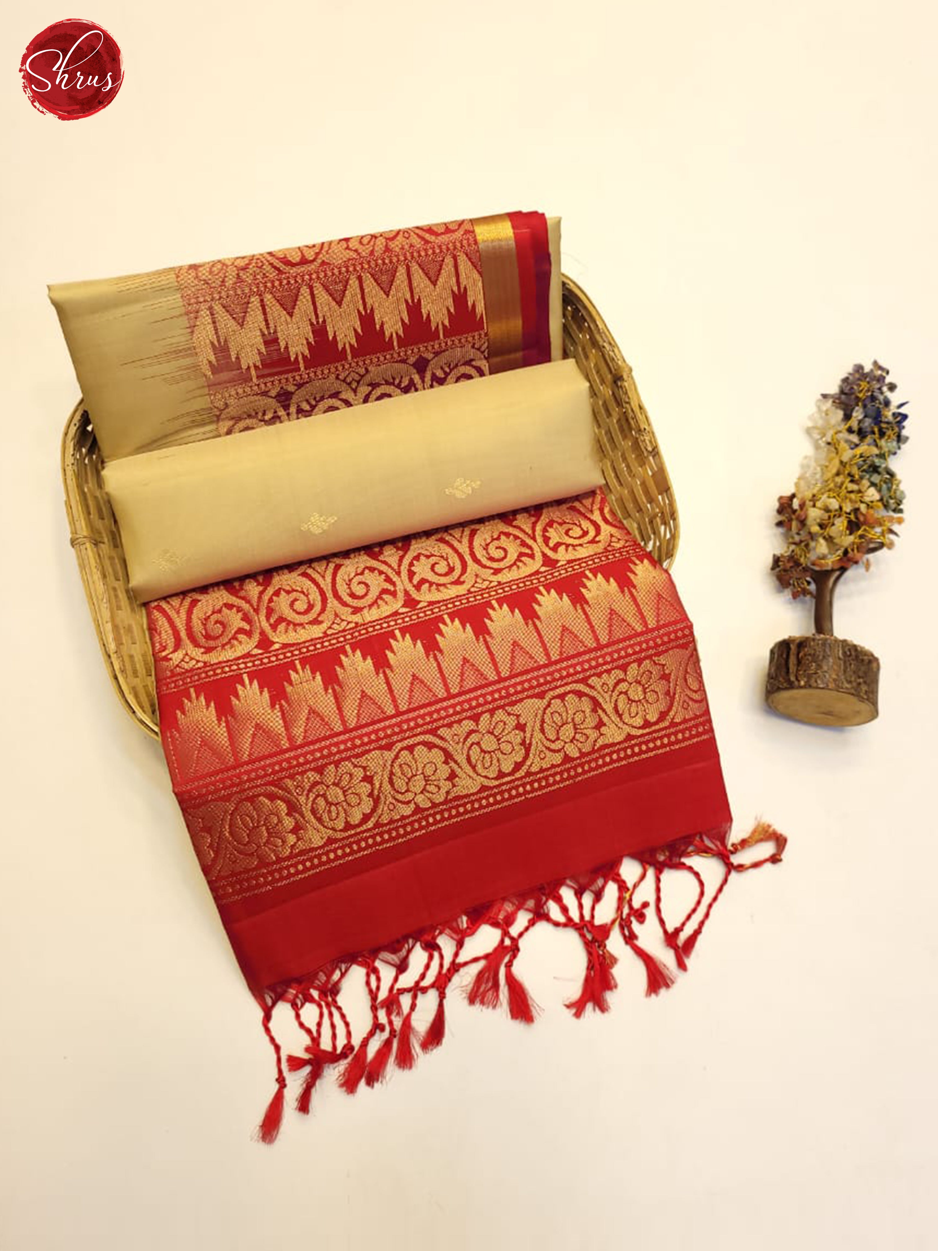 Beige And Red- Soft Silk Saree