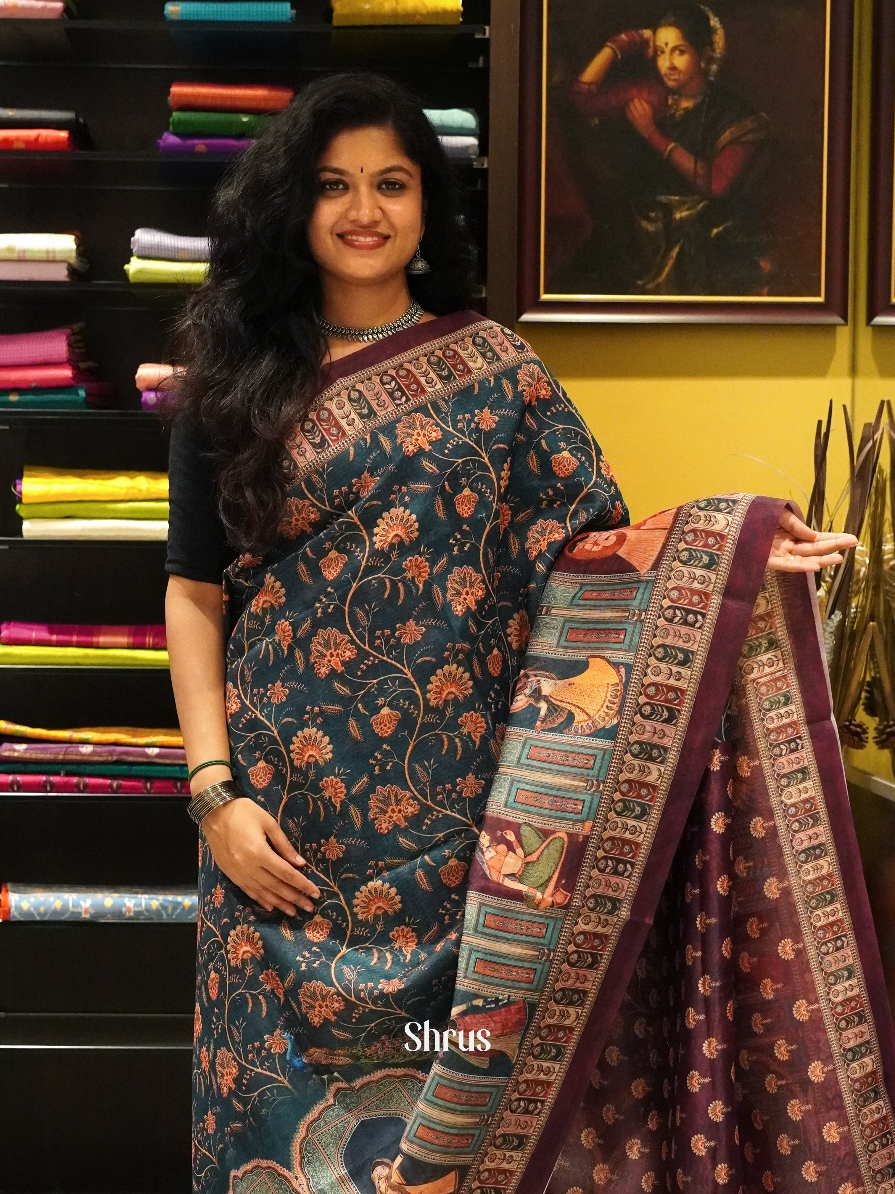 Peacock Green & Brown - Semi Chanderi Saree