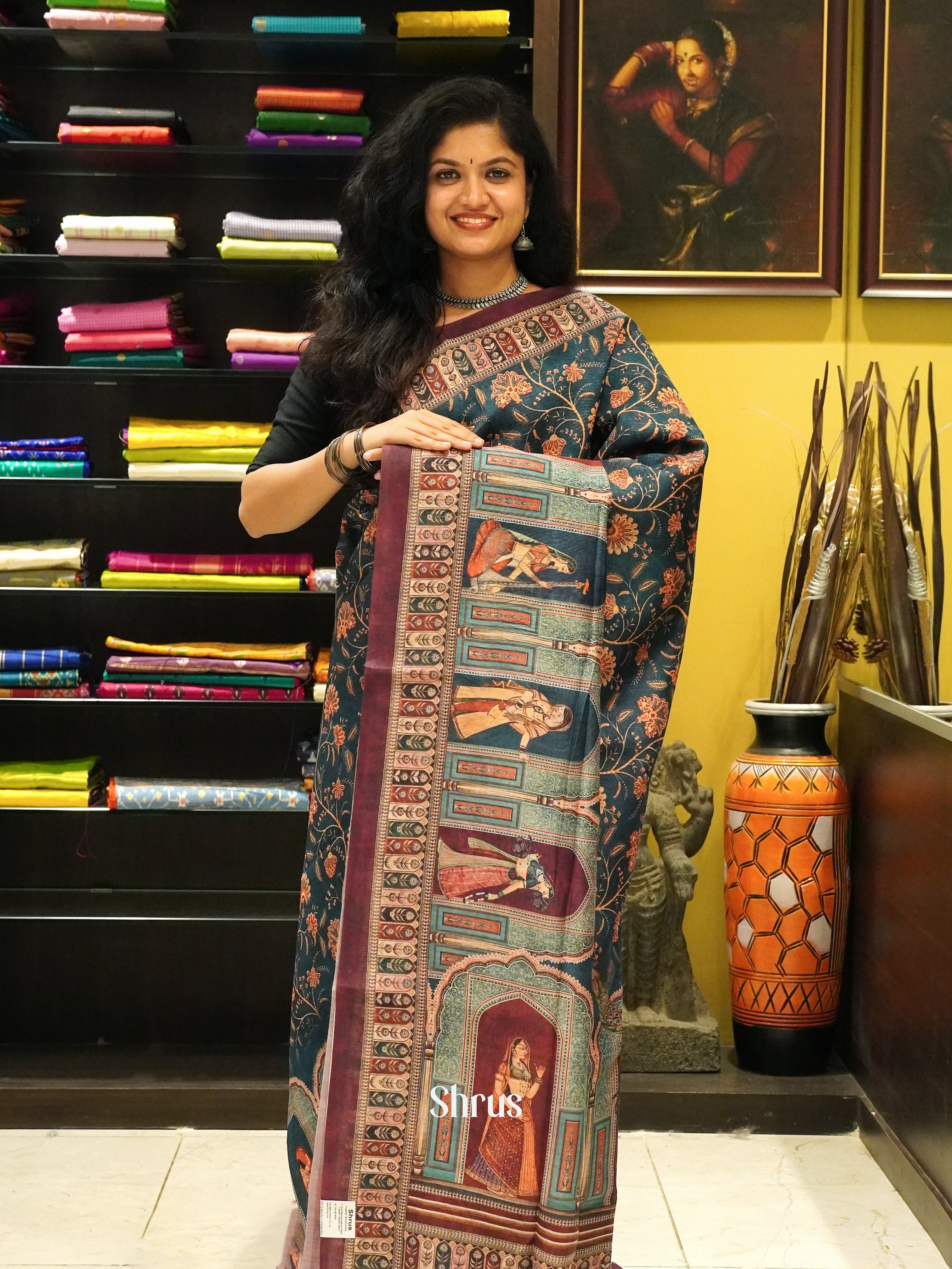 Peacock Green & Brown - Semi Chanderi Saree