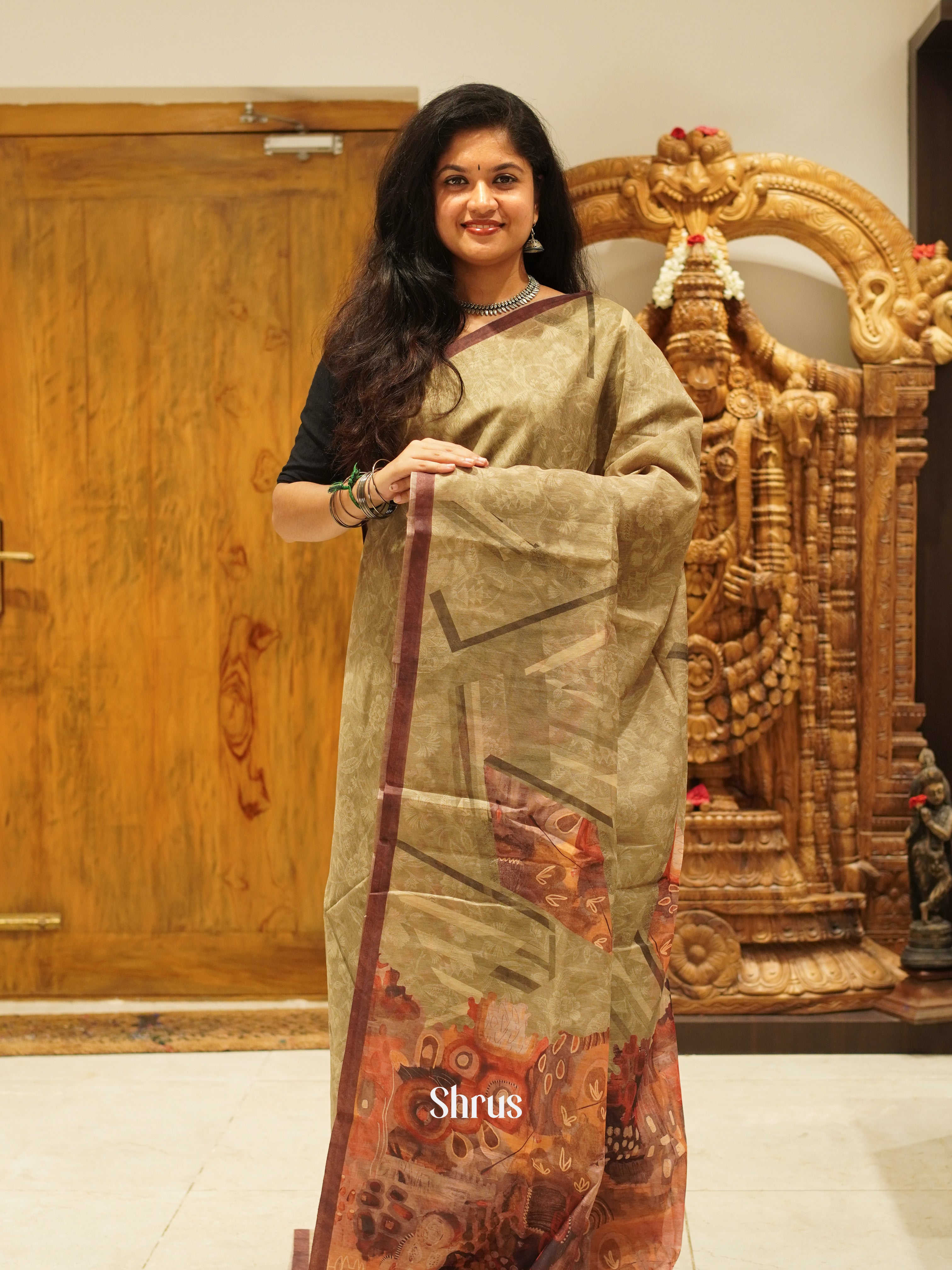 Beige  & Peach - Semi Chanderi Saree