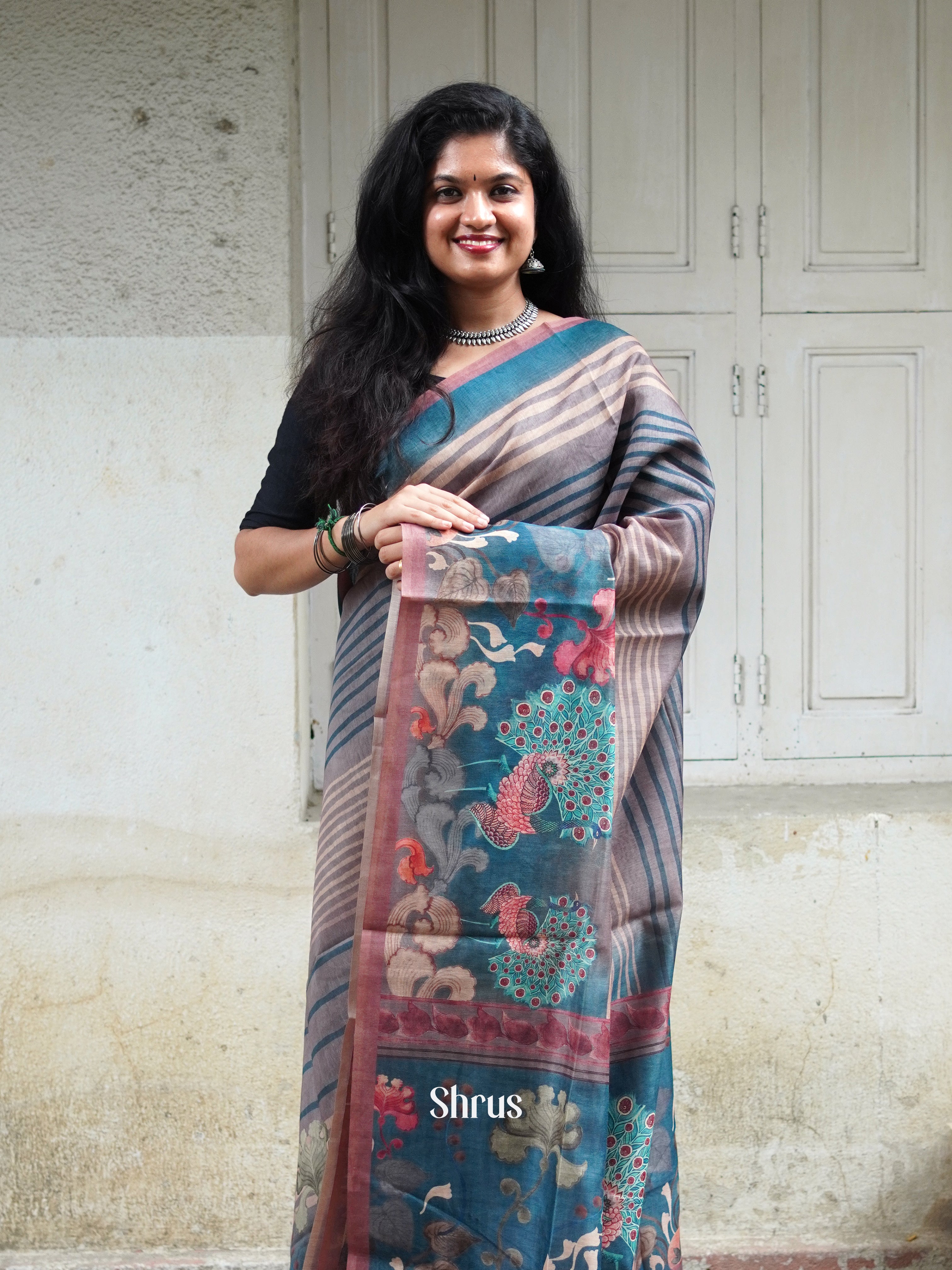 Grey & Blue - Semi Chanderi Saree