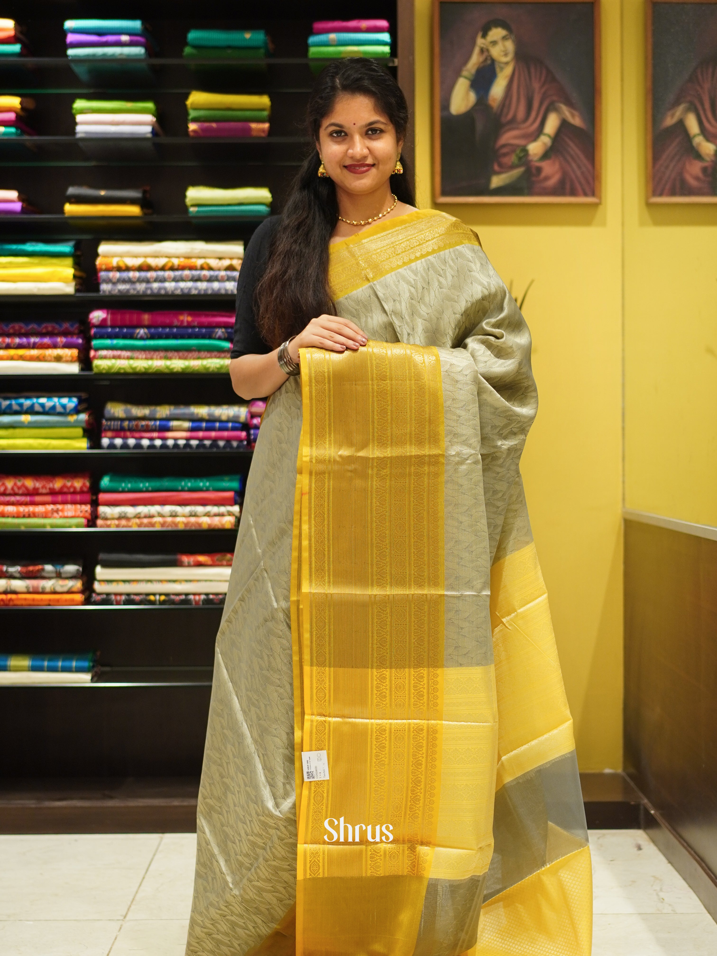 Grey & Yellow- Tanchoi Semi Silk Saree - Shop on ShrusEternity.com