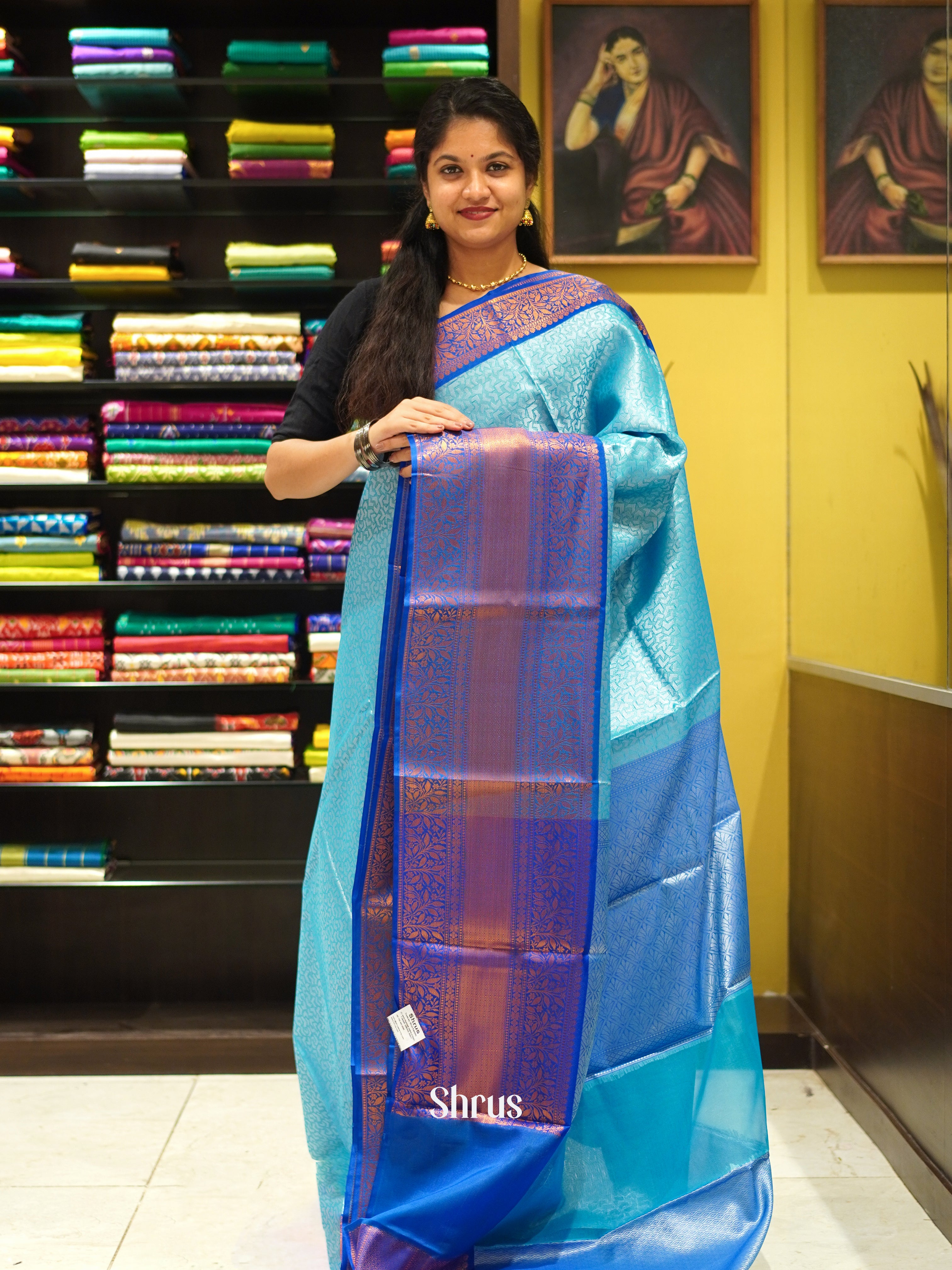 Sky Blue & Blue - Tanchoi Semi Silk Saree - Shop on ShrusEternity.com