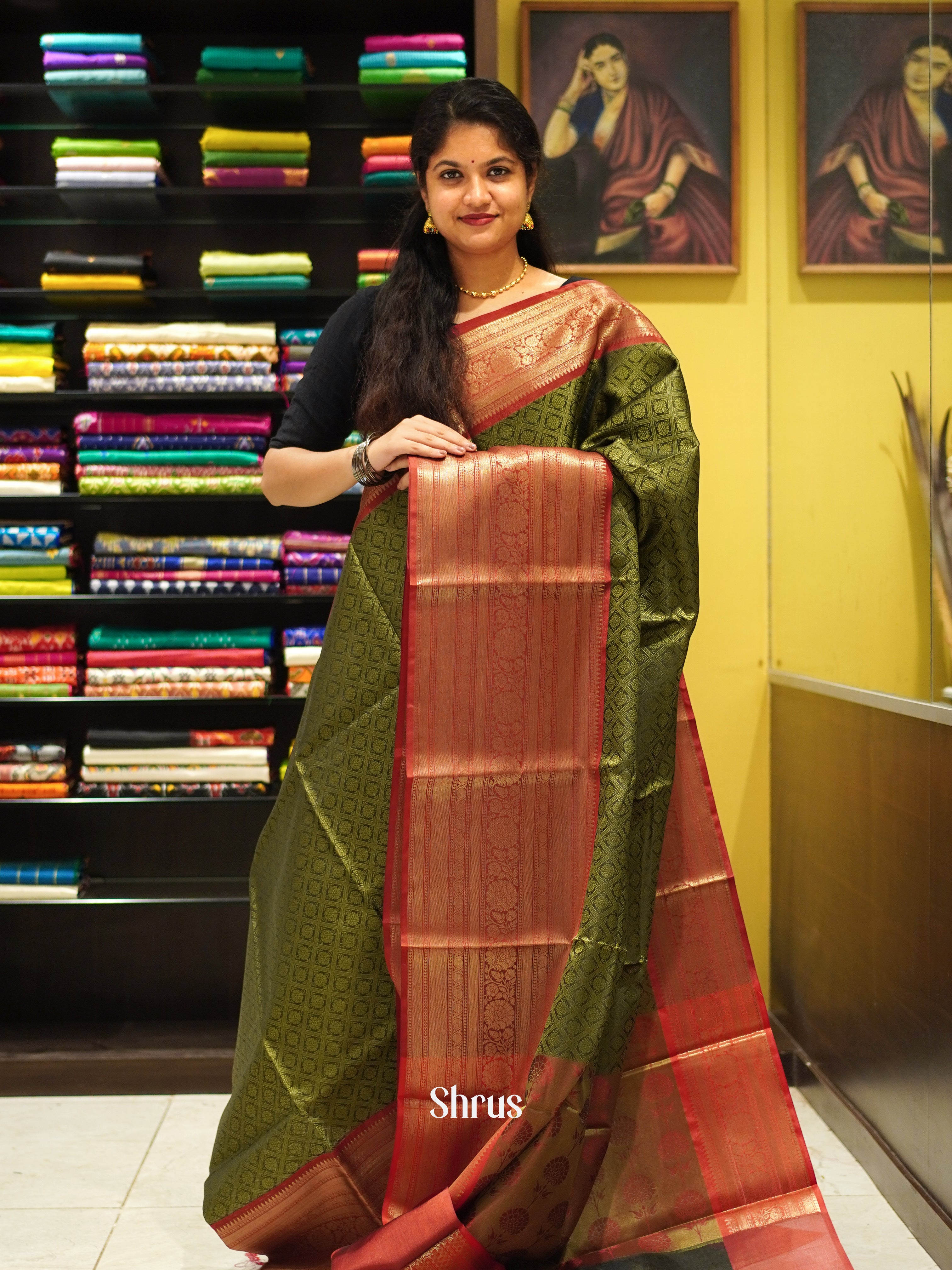 Green & Red - Tanchoi Semi Silk Saree - Shop on ShrusEternity.com