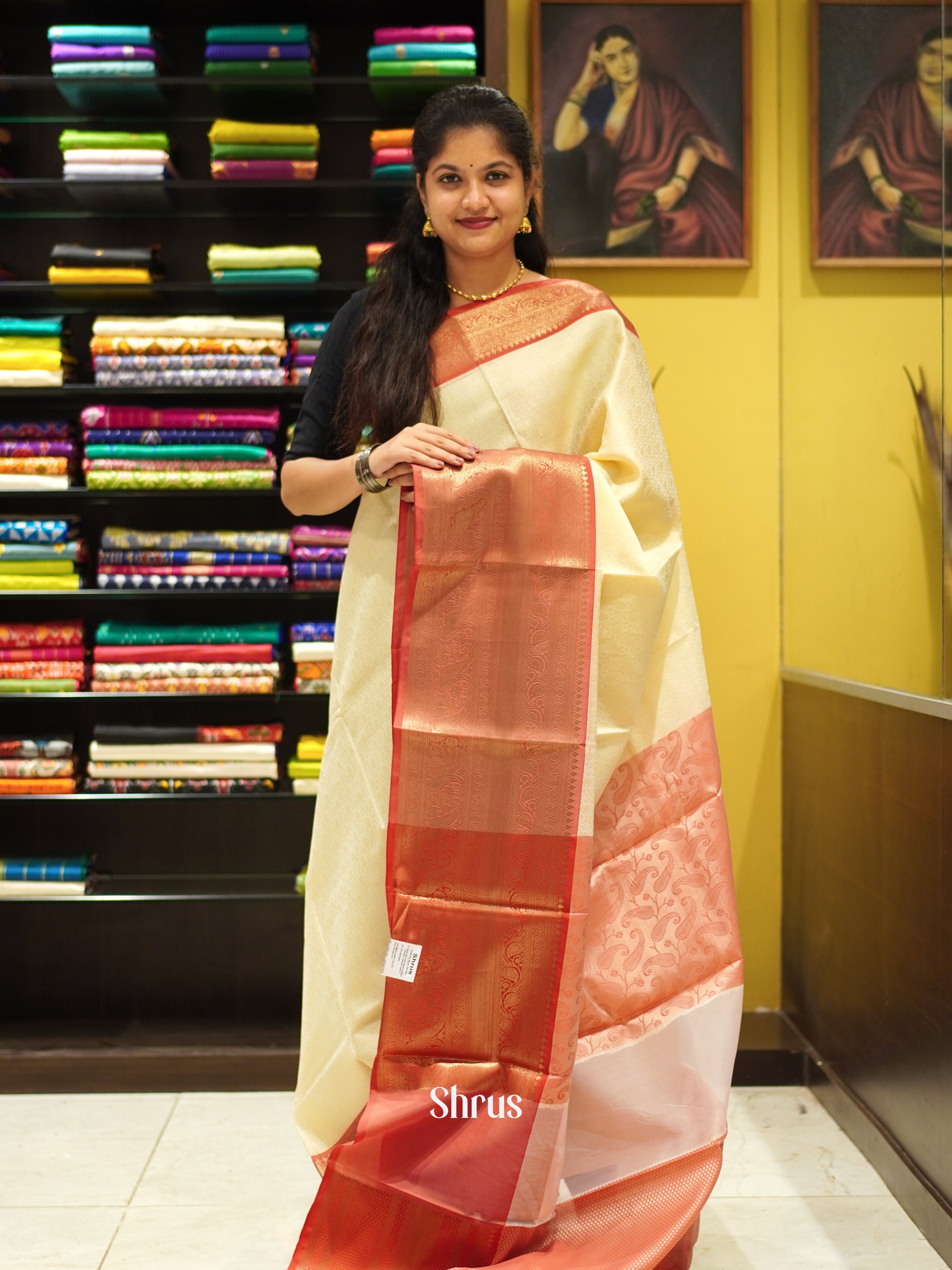 Cream & Red - Tanchoi Saree - Shop on ShrusEternity.com