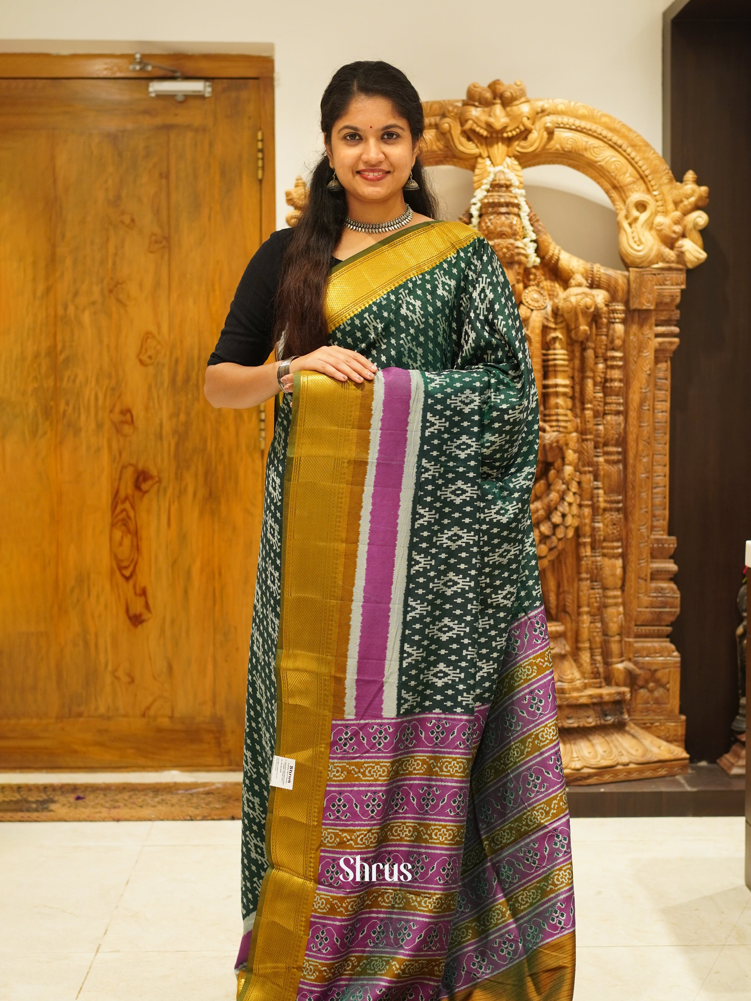 Dark Green & Green  - Semi Patola Saree - Shop on ShrusEternity.com