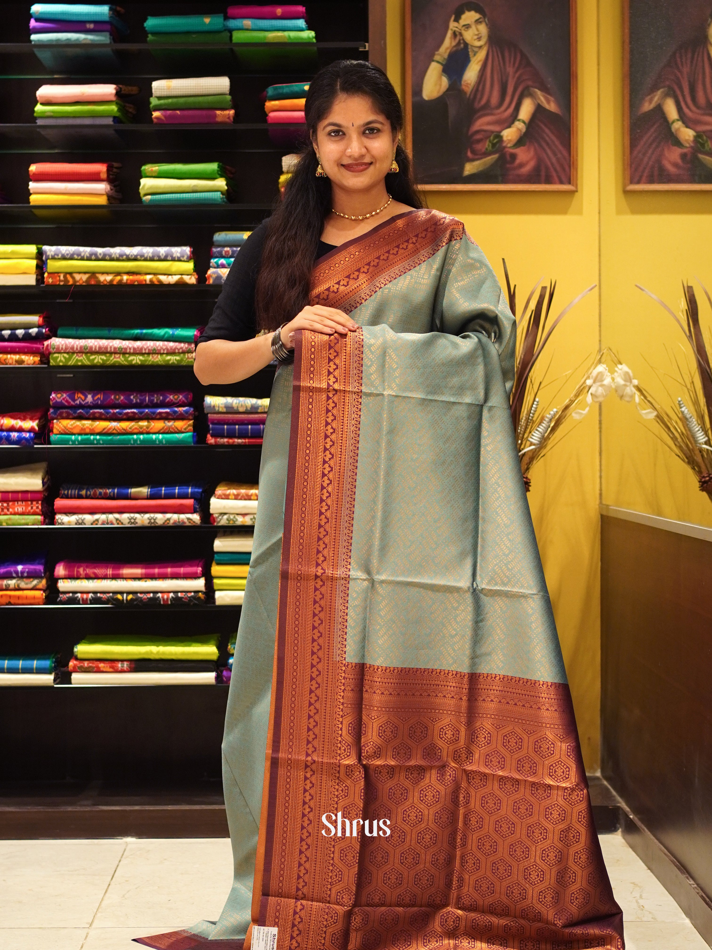 Blue & Dark Brown - Semi Kanchipuram - Shop on ShrusEternity.com