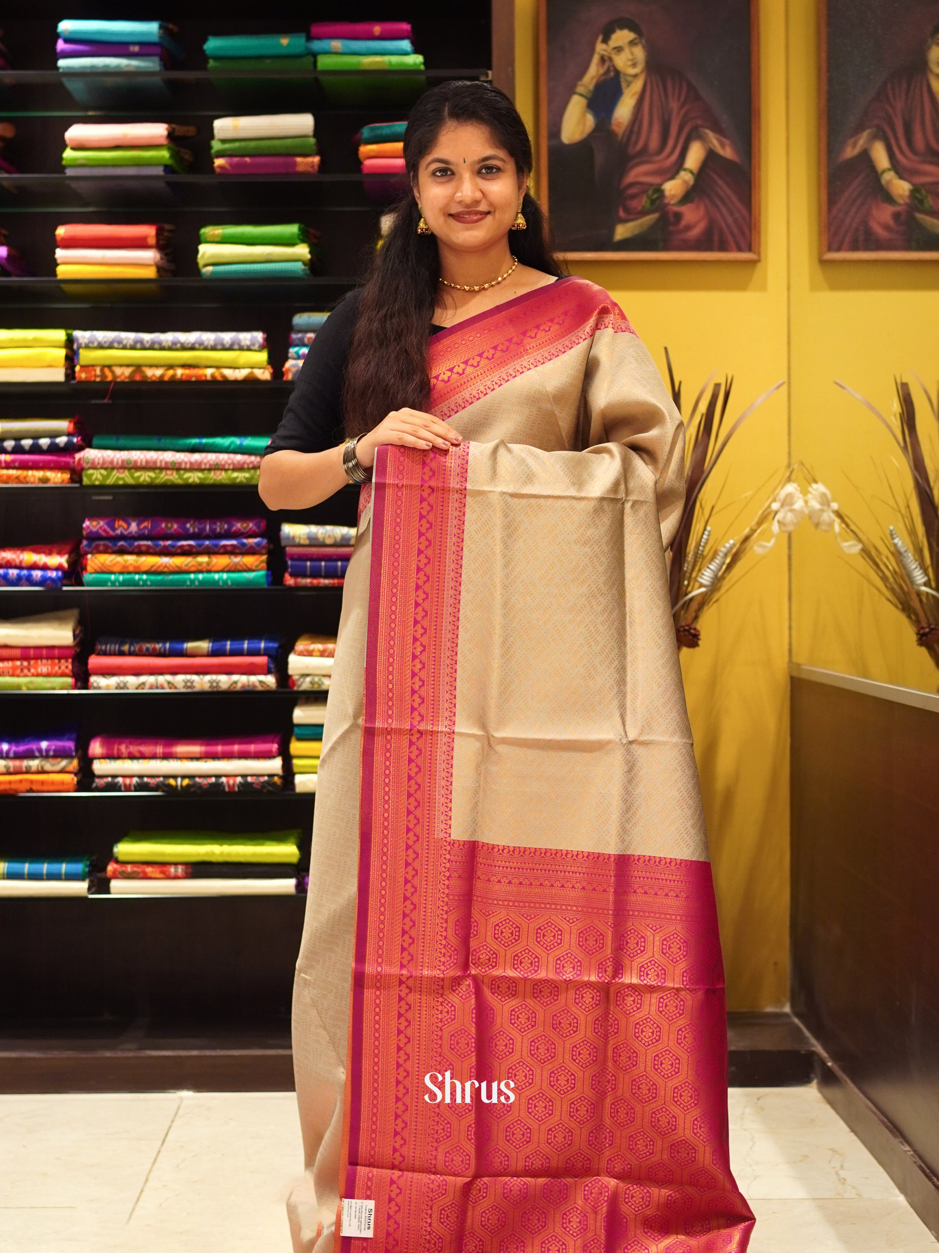 Beige & Majenta - Semi Kanchipuram - Shop on ShrusEternity.com