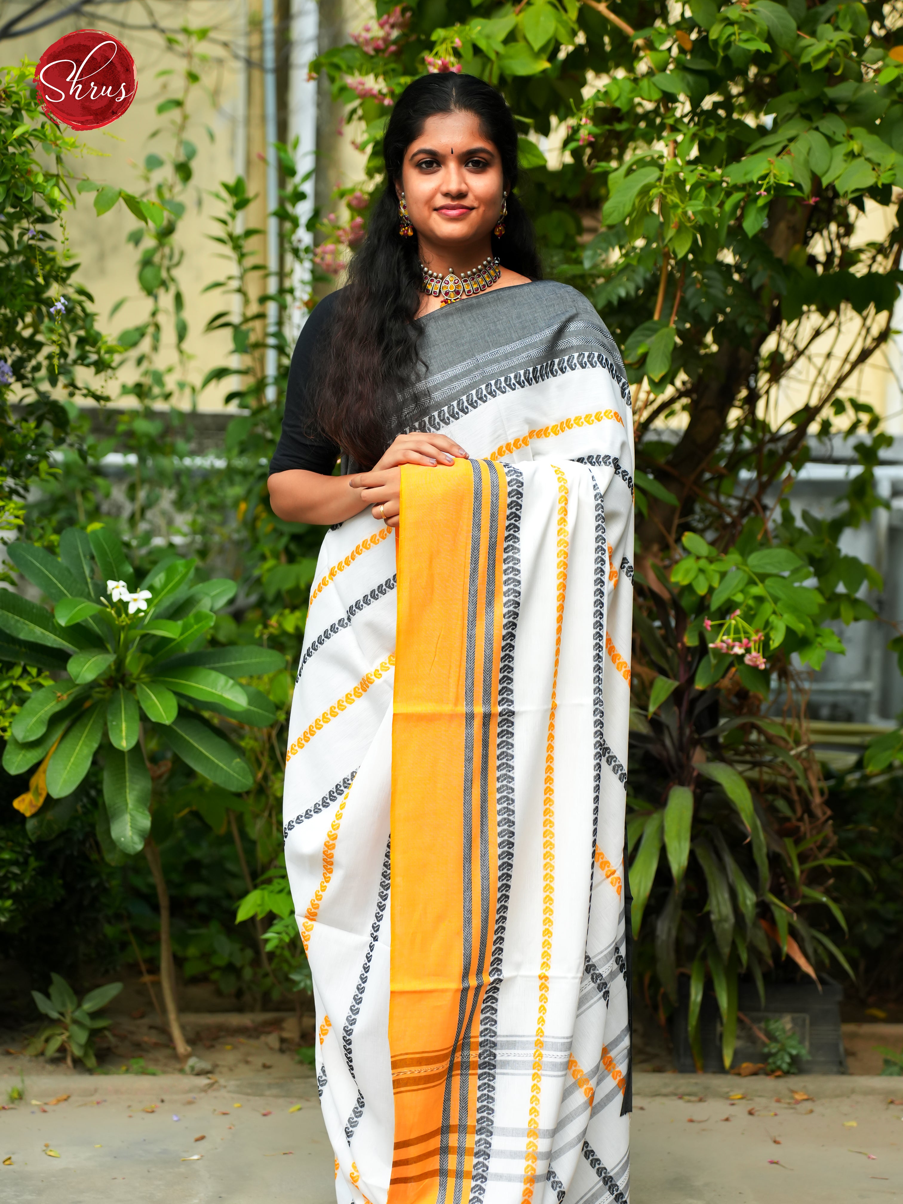 White & Yellow - Mercerized cotton Saree - Shop on ShrusEternity.com