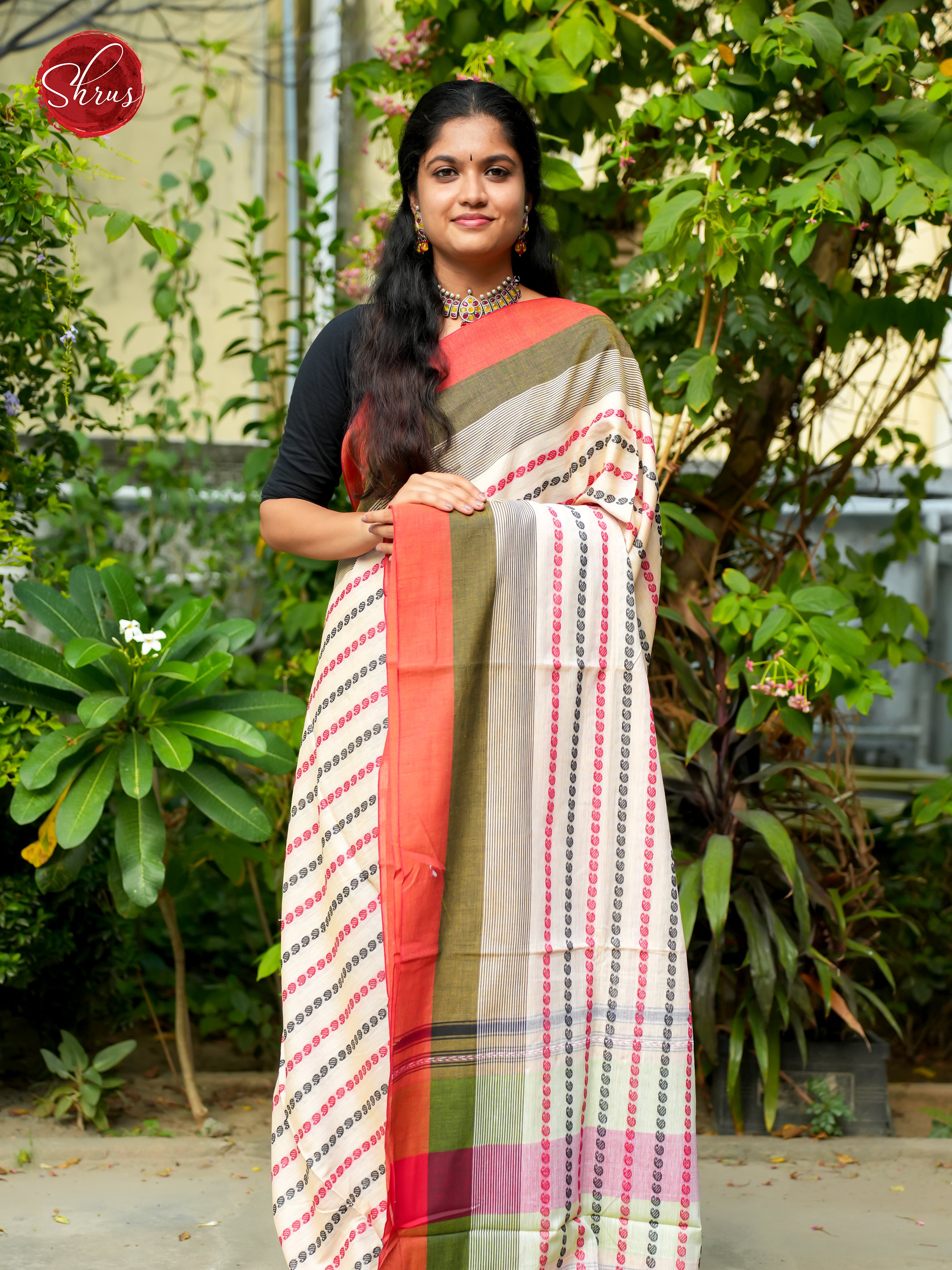 White & Orange - Mercerized Cotton Saree - Shop on ShrusEternity.com