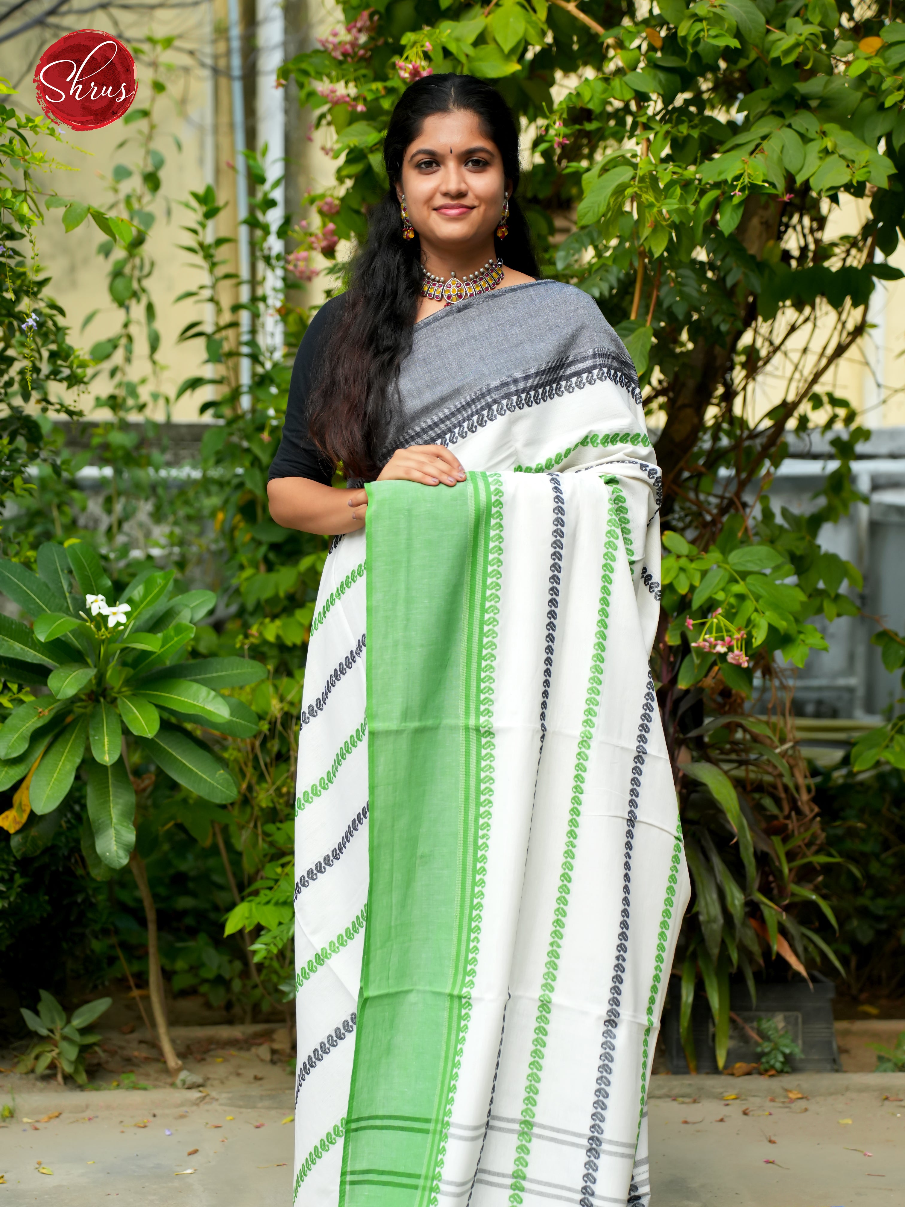 White & Green - Mercerized Cotton Saree - Shop on ShrusEternity.com