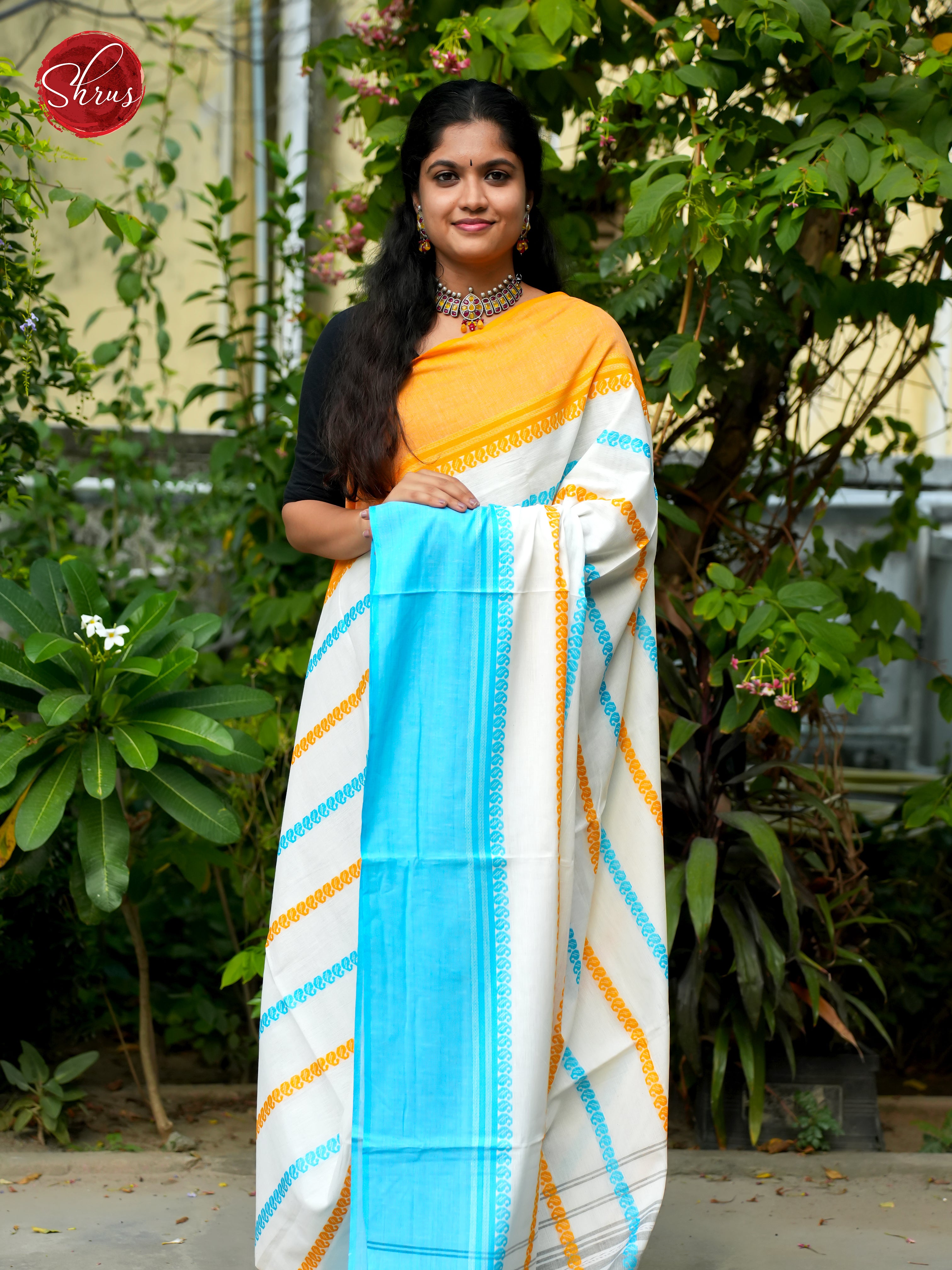 White & Blue - Mercerized Cotton Saree - Shop on ShrusEternity.com