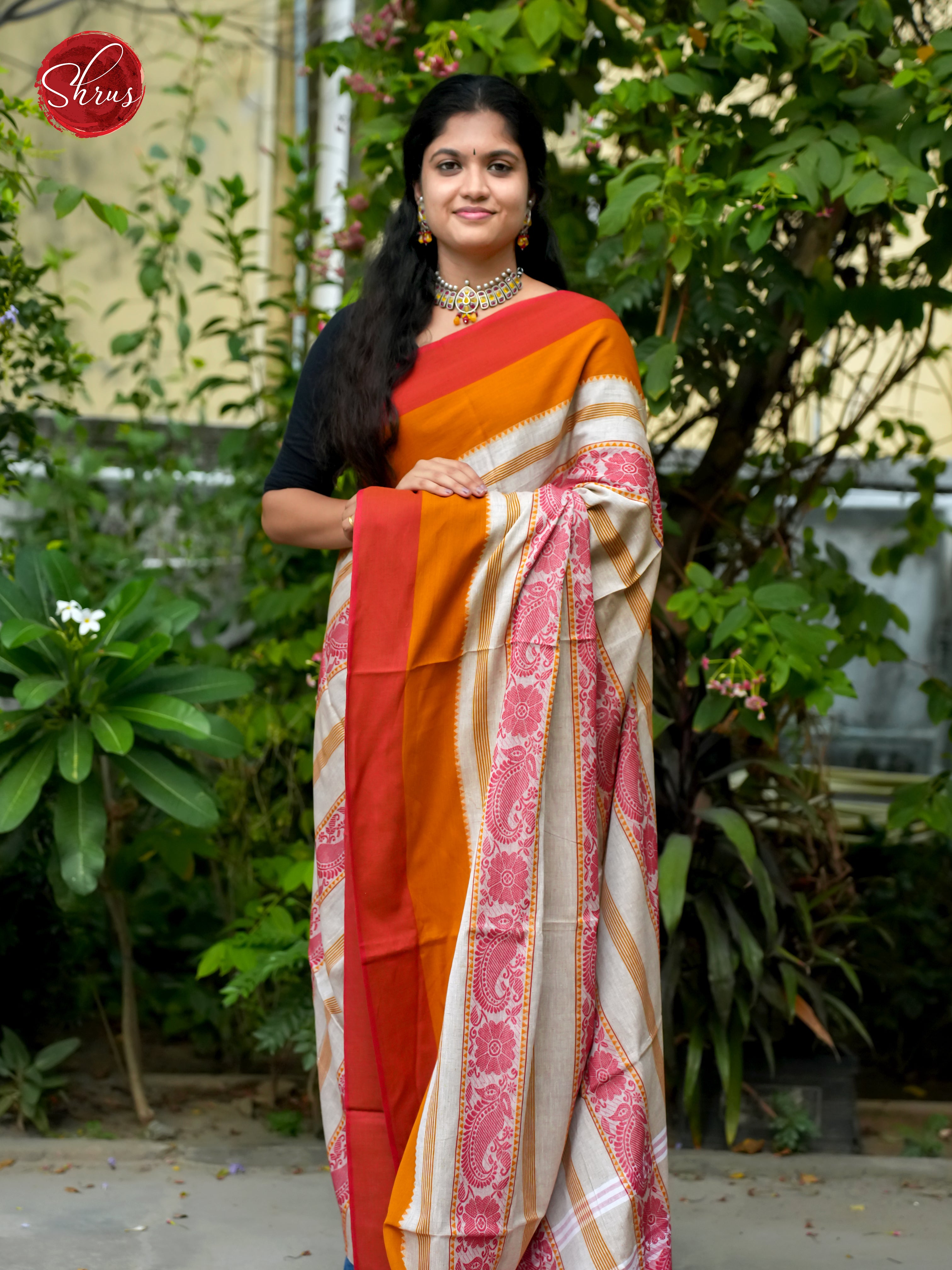 White & Orange - Mercerized Cotton Saree - Shop on ShrusEternity.com