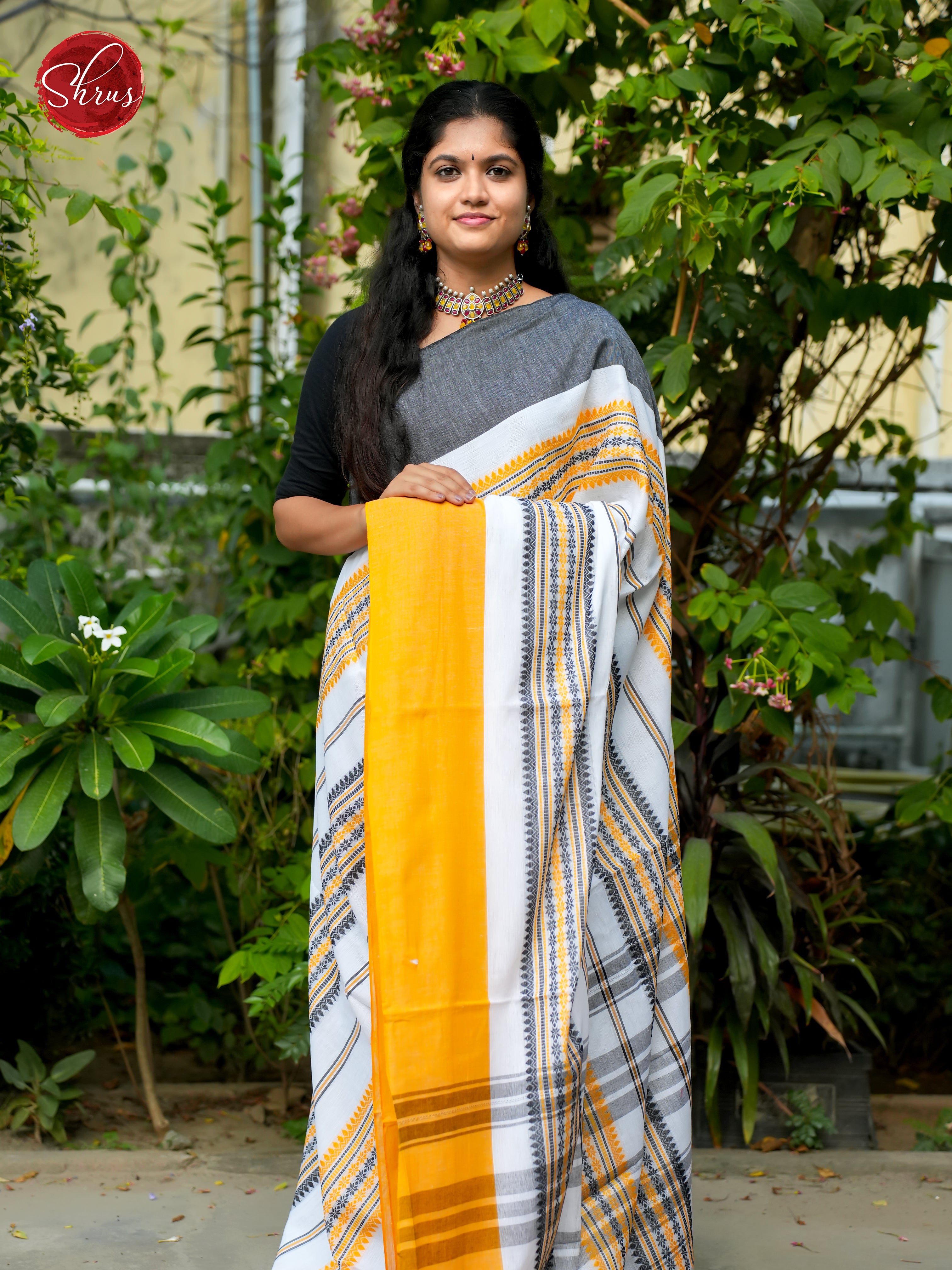 Cream & Yellow - Mercerized Cotton Saree - Shop on ShrusEternity.com