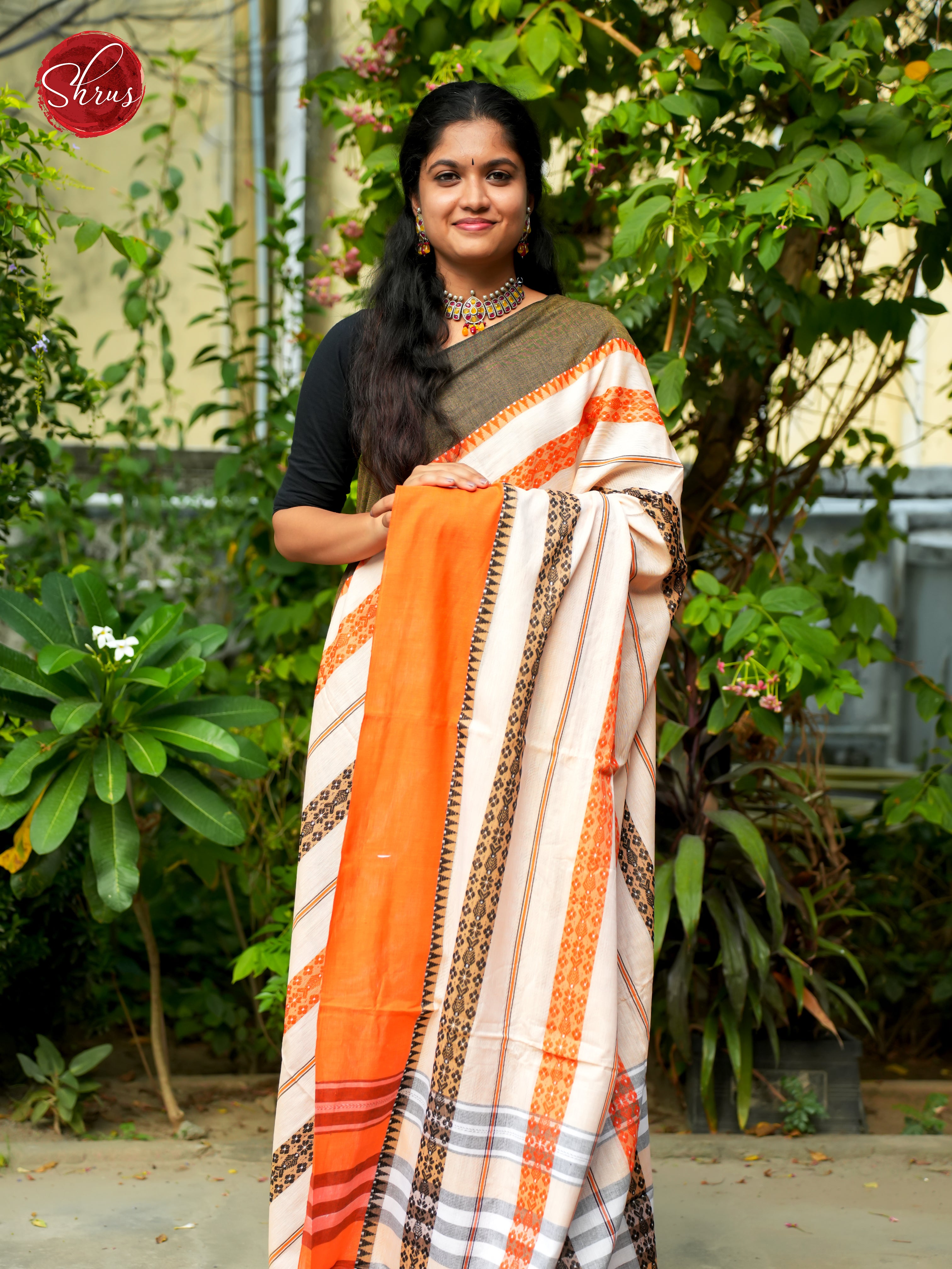 White & Orange - Mercerized Cotton Saree - Shop on ShrusEternity.com