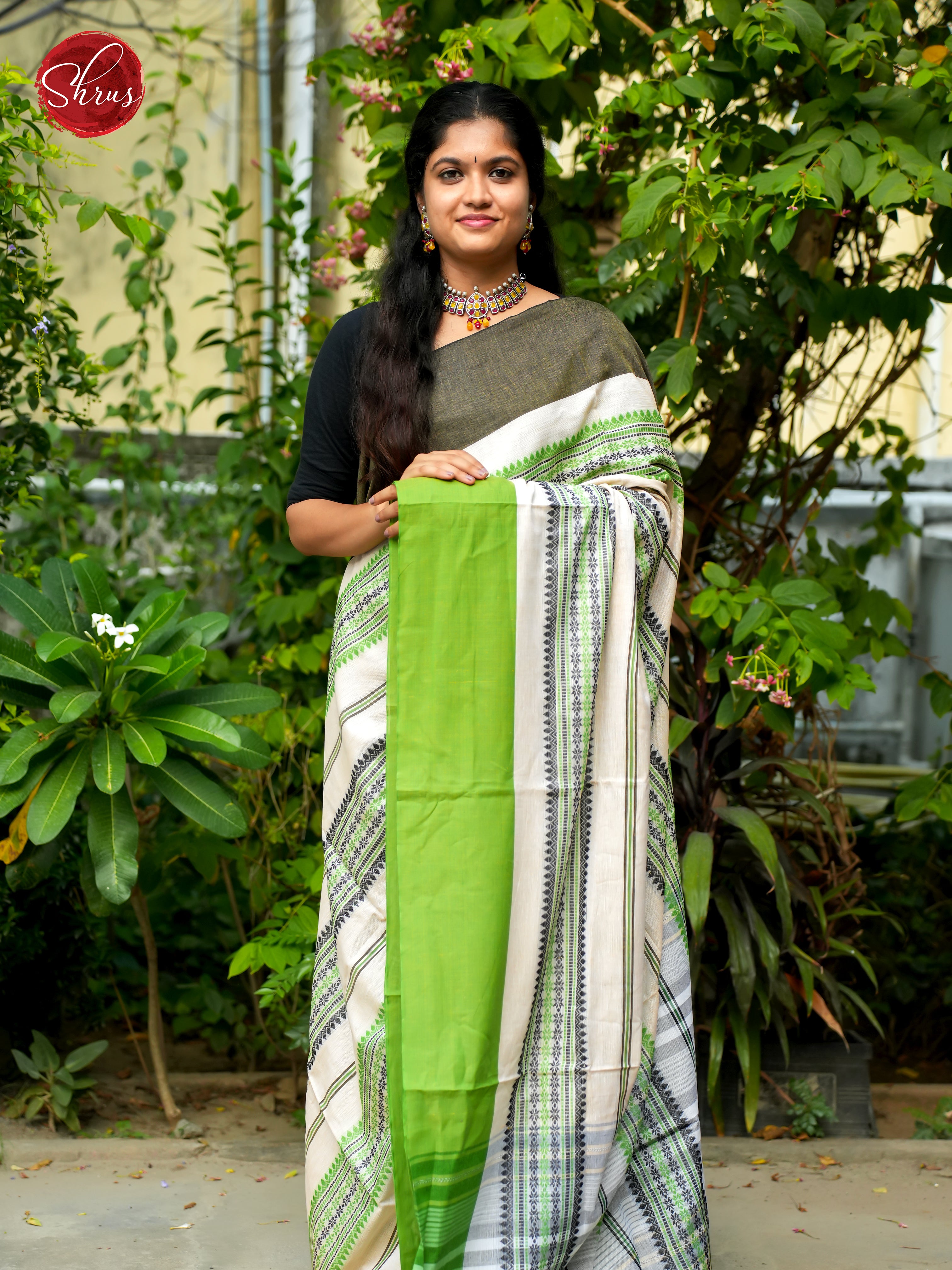 White & Green - Mercerized Cotton Saree - Shop on ShrusEternity.com