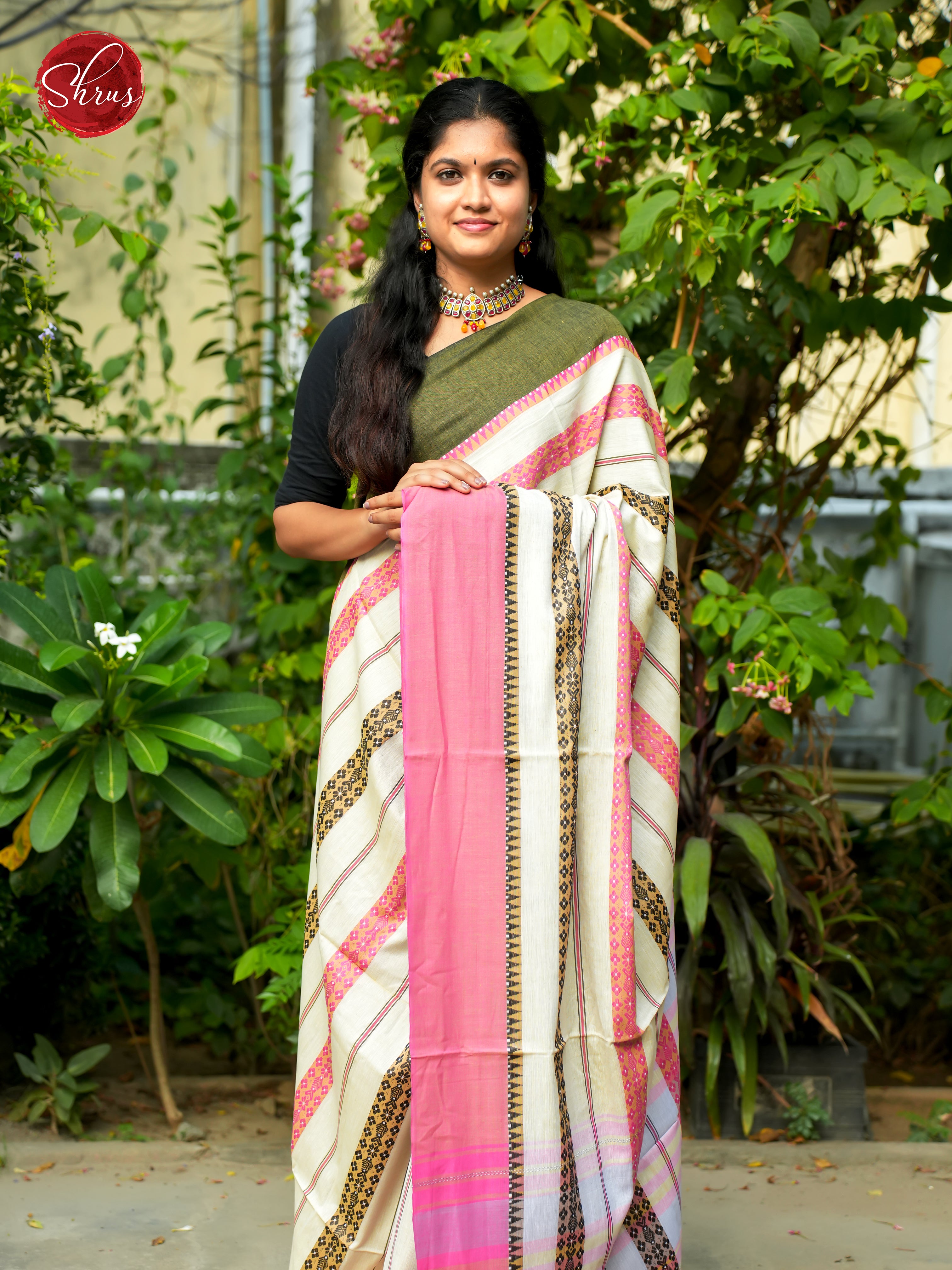 White & Pink - Mercerized Cotton Saree - Shop on ShrusEternity.com