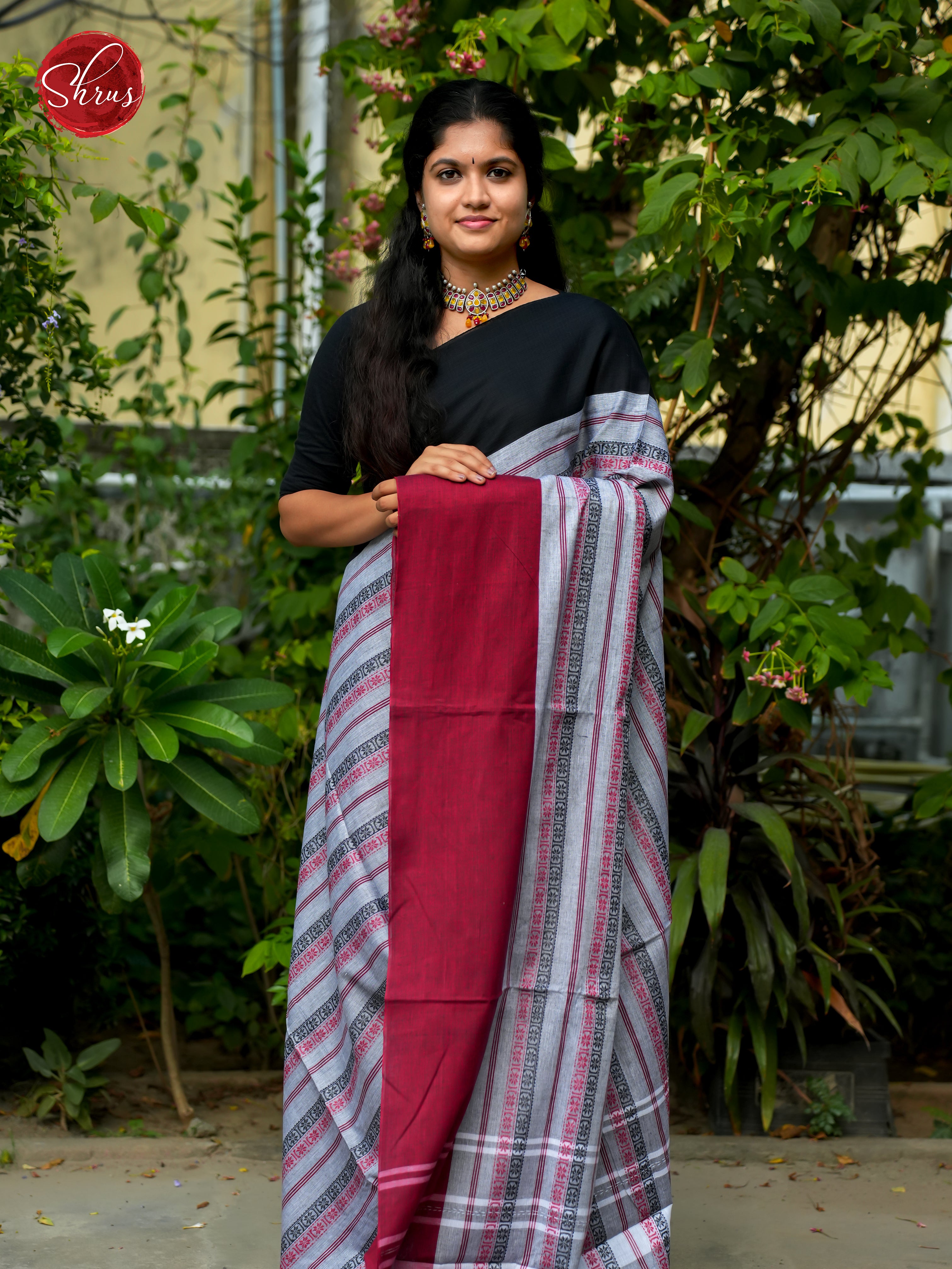 White & Red - Mercerized Cotton Saree - Shop on ShrusEternity.com