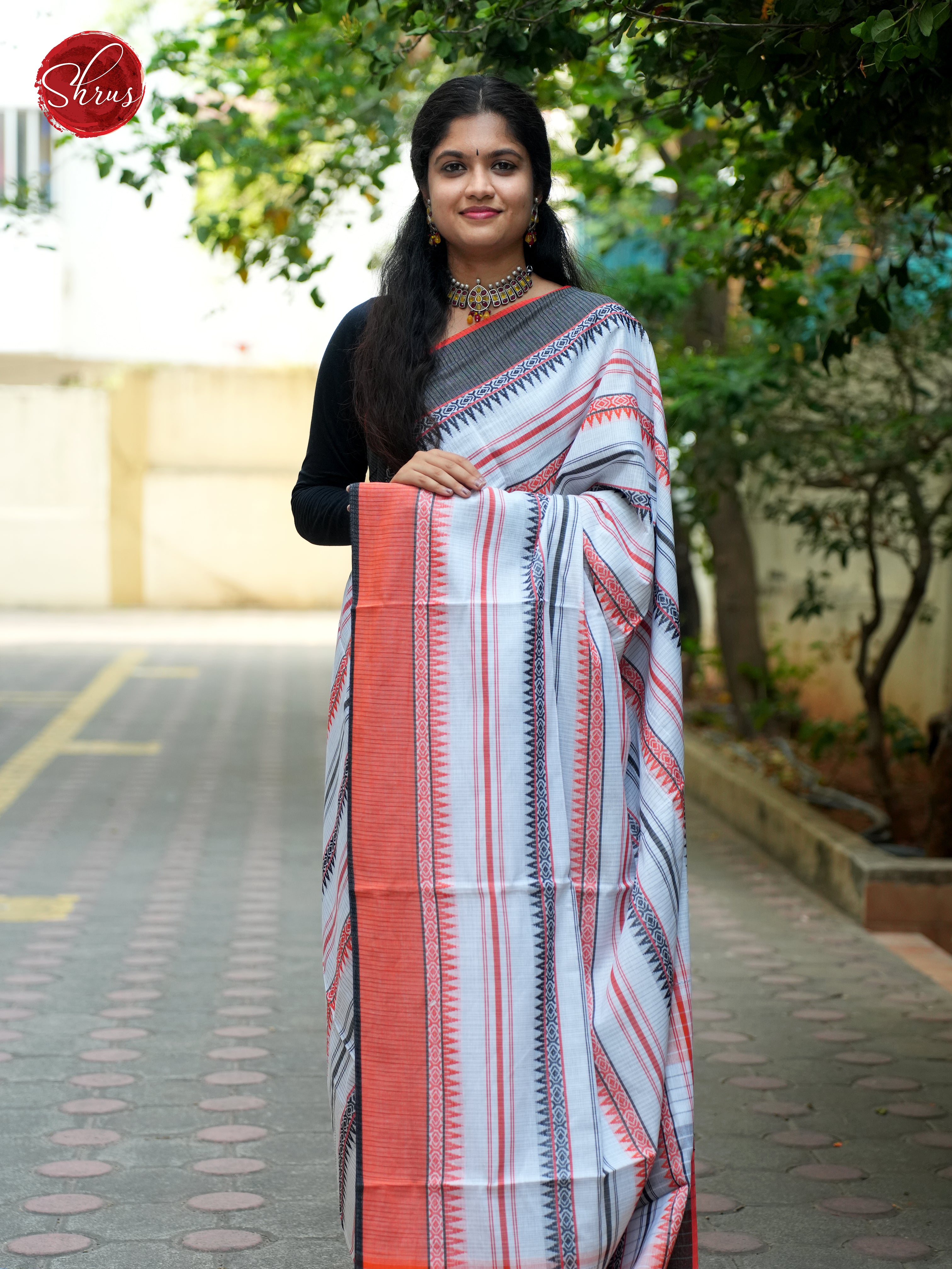 White & Orange  - Mercerized Cotton Saree - Shop on ShrusEternity.com