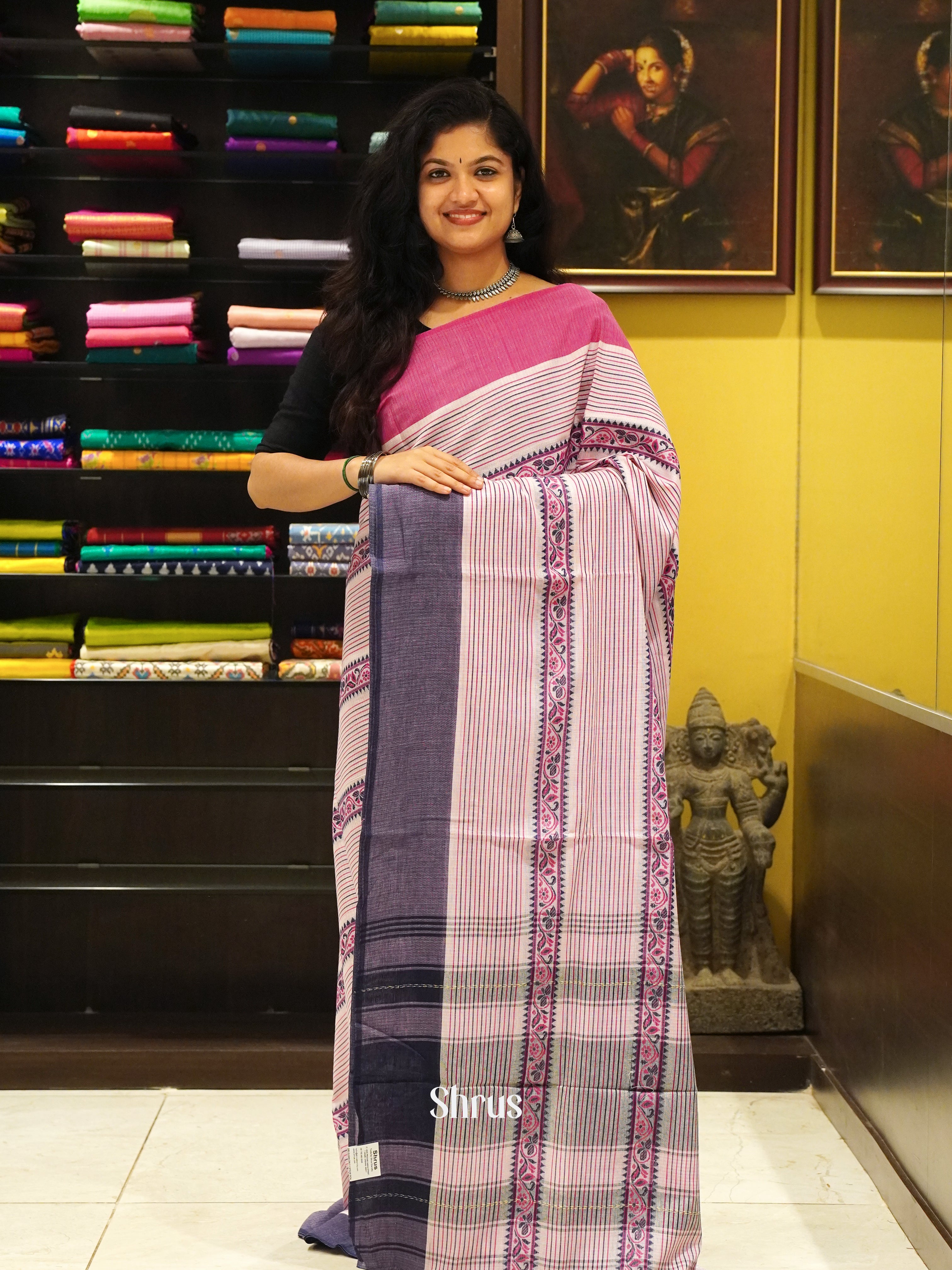 Cream & Pink - Mercerized cotton Saree