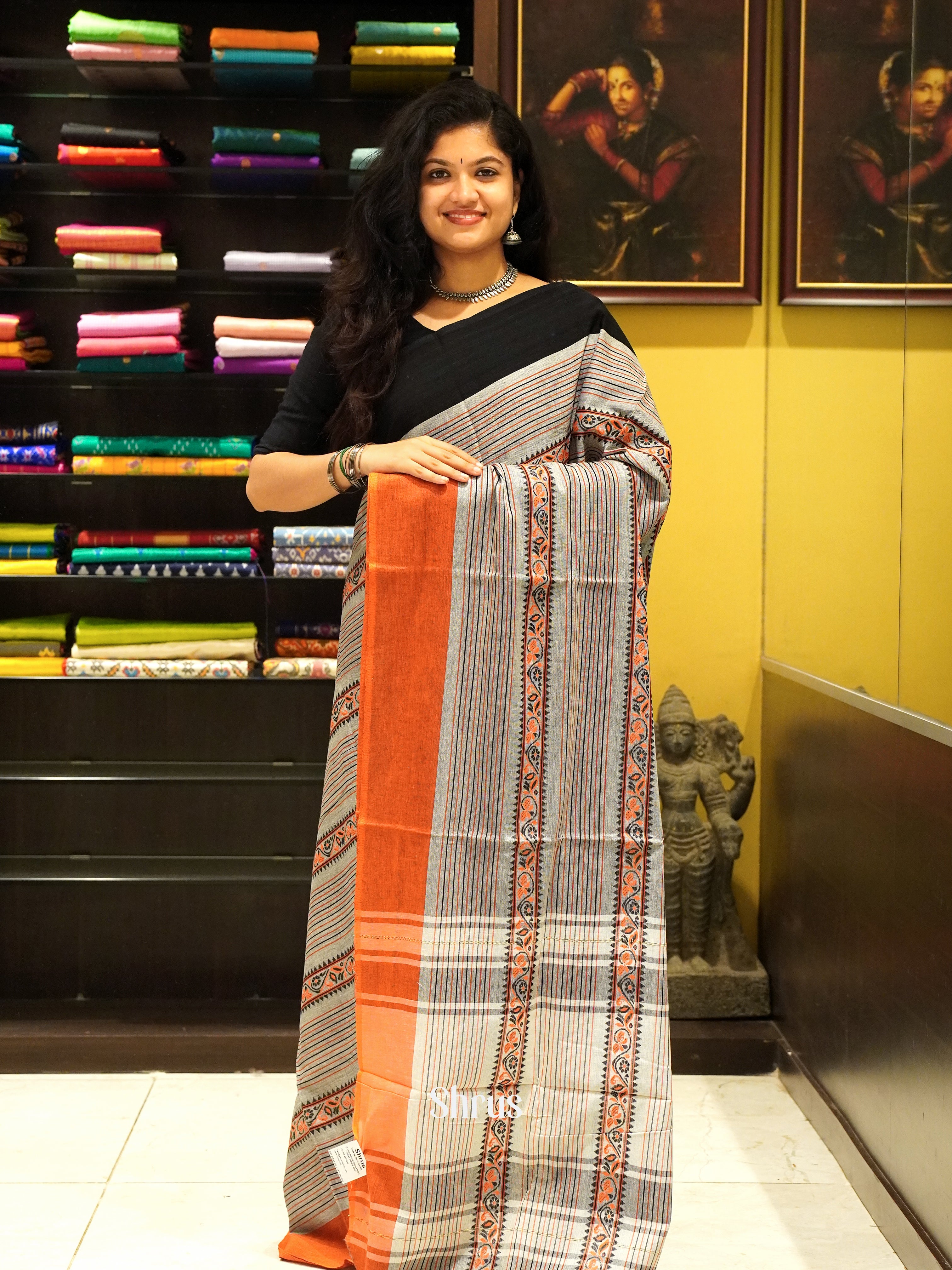 Grey & Orange - Mercerized cotton Saree