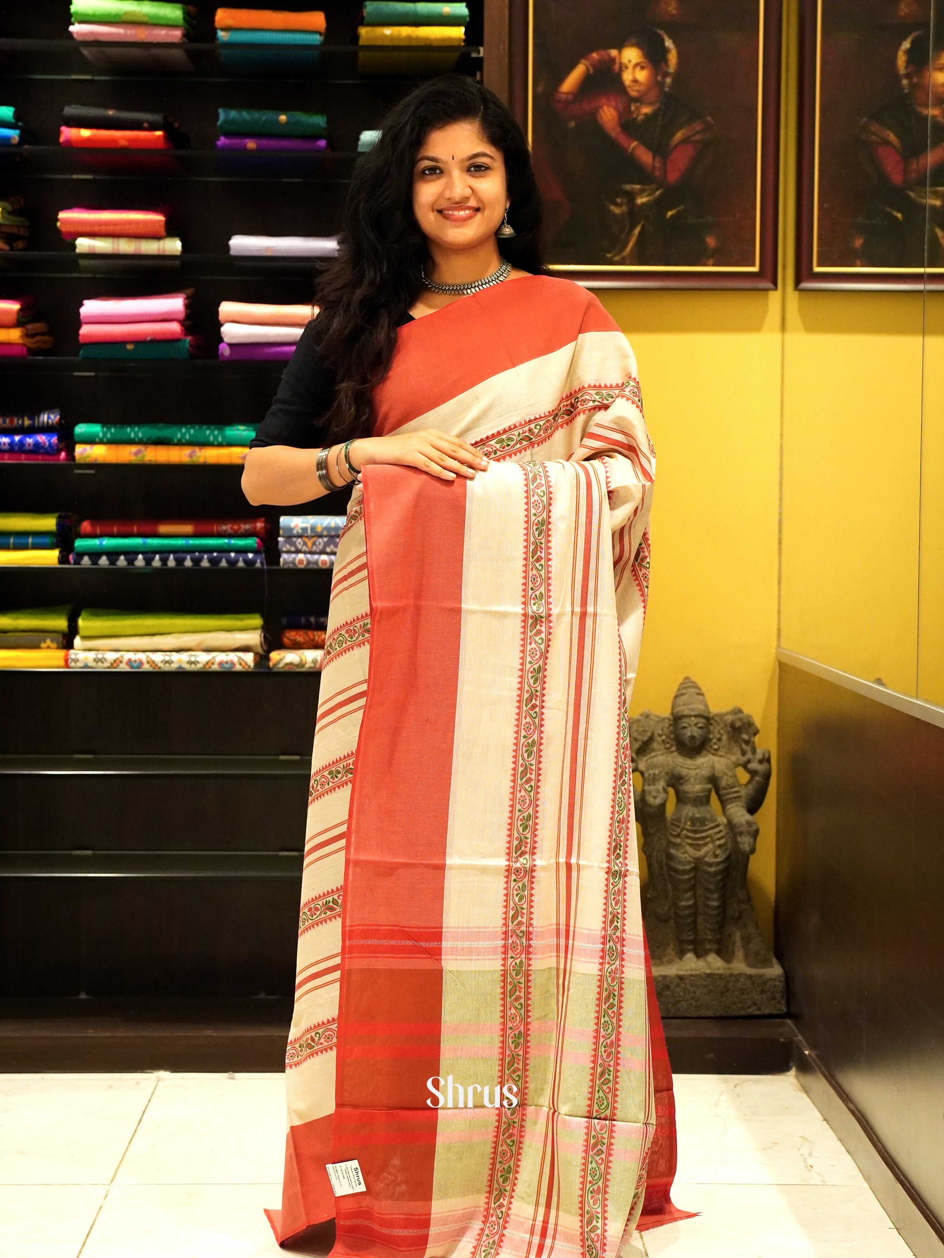 Cream & Orange - Mercerized cotton Saree